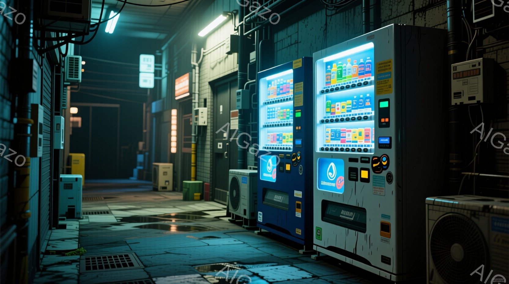 夜の路地裏を捉えた写真で、壁際には様々な自動販売機が並んでいる。アスファルトは濡れており、路地裏の薄暗い照明と自動販売機の光が反射して独特の雰囲気を醸し出している。背景には、建物やエアコンの室外機が見え、都会の喧騒と静けさが入り混じった空間が表現されている。