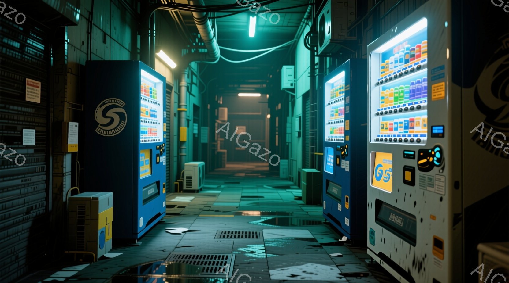 薄暗い路地裏に、複数の自動販売機が並んでいる様子が描かれている。壁はコンクリートで覆われ、所々剥がれ落ちており、地面は汚れていて、ゴミが散乱している。全体的に湿っぽく、夜の都市の寂しさと、生活の痕跡が感じられる、少し不気味な雰囲気が漂っている。