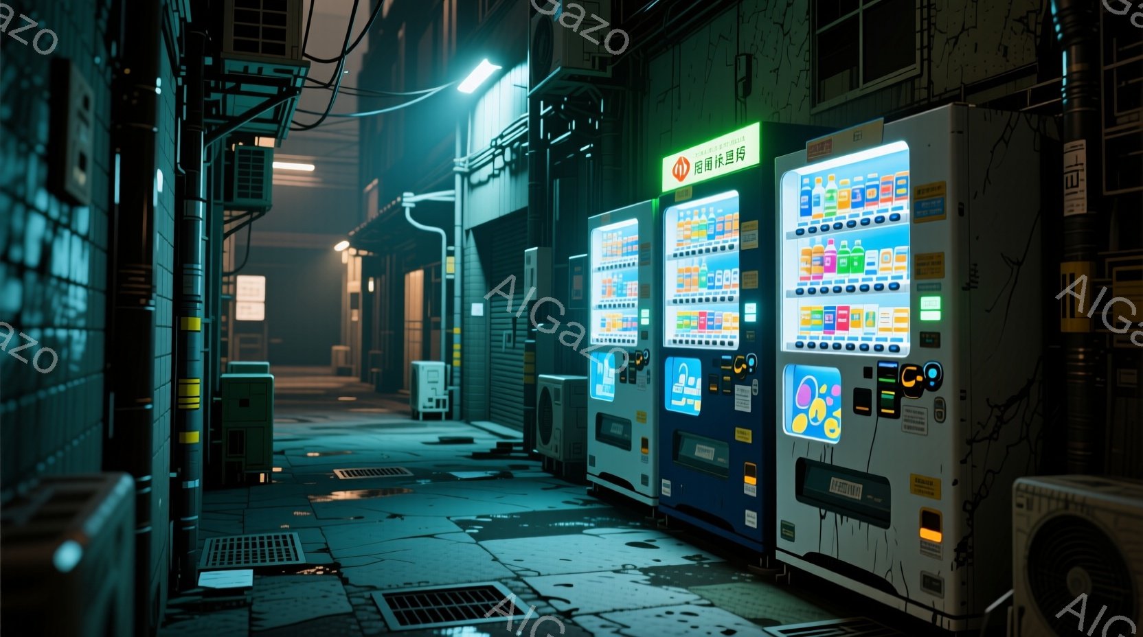 夜の路地裏には、複数の自動販売機が並んでおり、様々な飲み物が販売されている。 建物は古く、コンクリートの壁と薄暗い照明が、少し寂しげでノスタルジックな雰囲気を醸し出している。 路地裏は濡れており、雨上がりの夜の様子が窺える。