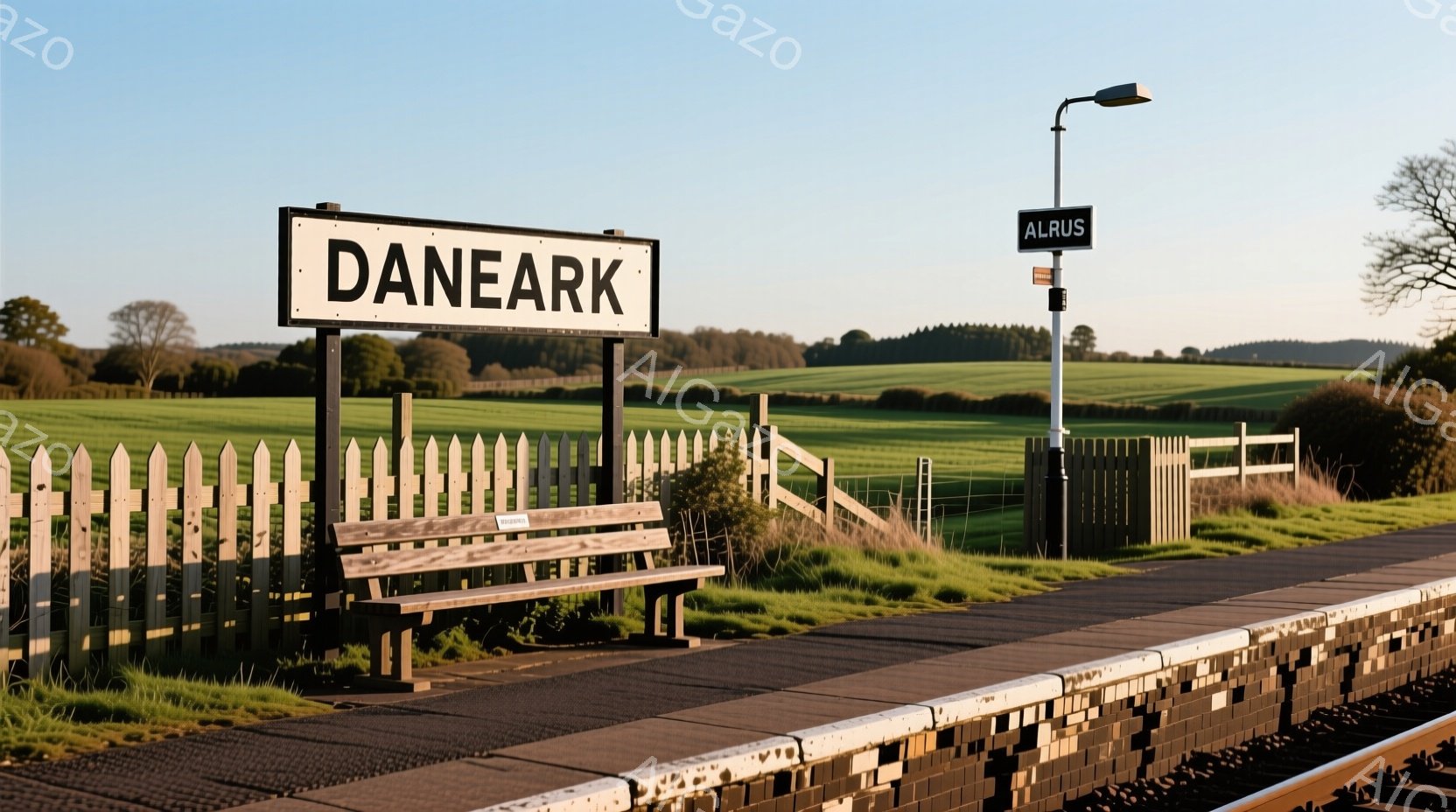 緑豊かな田園風景の中に位置する人けのない駅のプラットフォームを捉えています。木製のベンチと「DANEARK」と書かれた駅名標が印象的で、背後には緑の牧草地と遠くの丘陵が広がっています。穏やかな日差しと青い空が、静寂で牧歌的な雰囲気を醸し出しています。