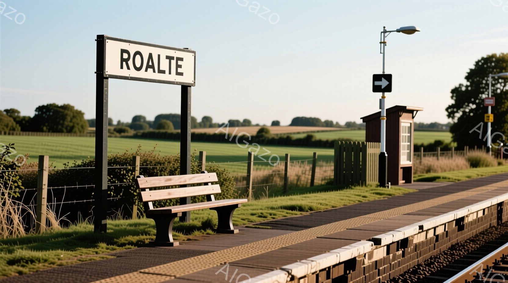 緑豊かな田園風景を背景に、古い駅のプラットフォームが写っている。木製のベンチと「ROALTE」と書かれた駅名標が設置されており、レトロな雰囲気を醸し出している。穏やかな日差しが降り注ぎ、静かで平和な情景が広がっている。