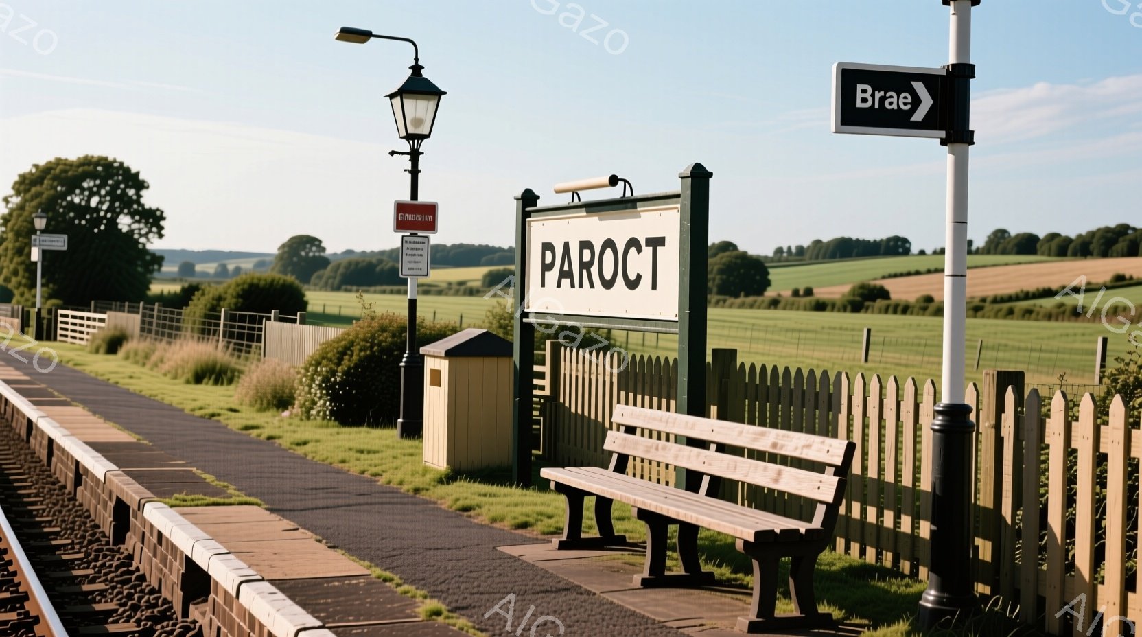 静かな田園地帯の駅のプラットフォームが写っている。木製のベンチと「Brae」と書かれた駅名標が設置され、緑豊かな丘陵地帯と青い空が背景に広がり、穏やかな天候であることがわかる。フェンスに囲まれたプラットフォームは古風な印象で、どこか懐かしい雰囲気を醸し出している。