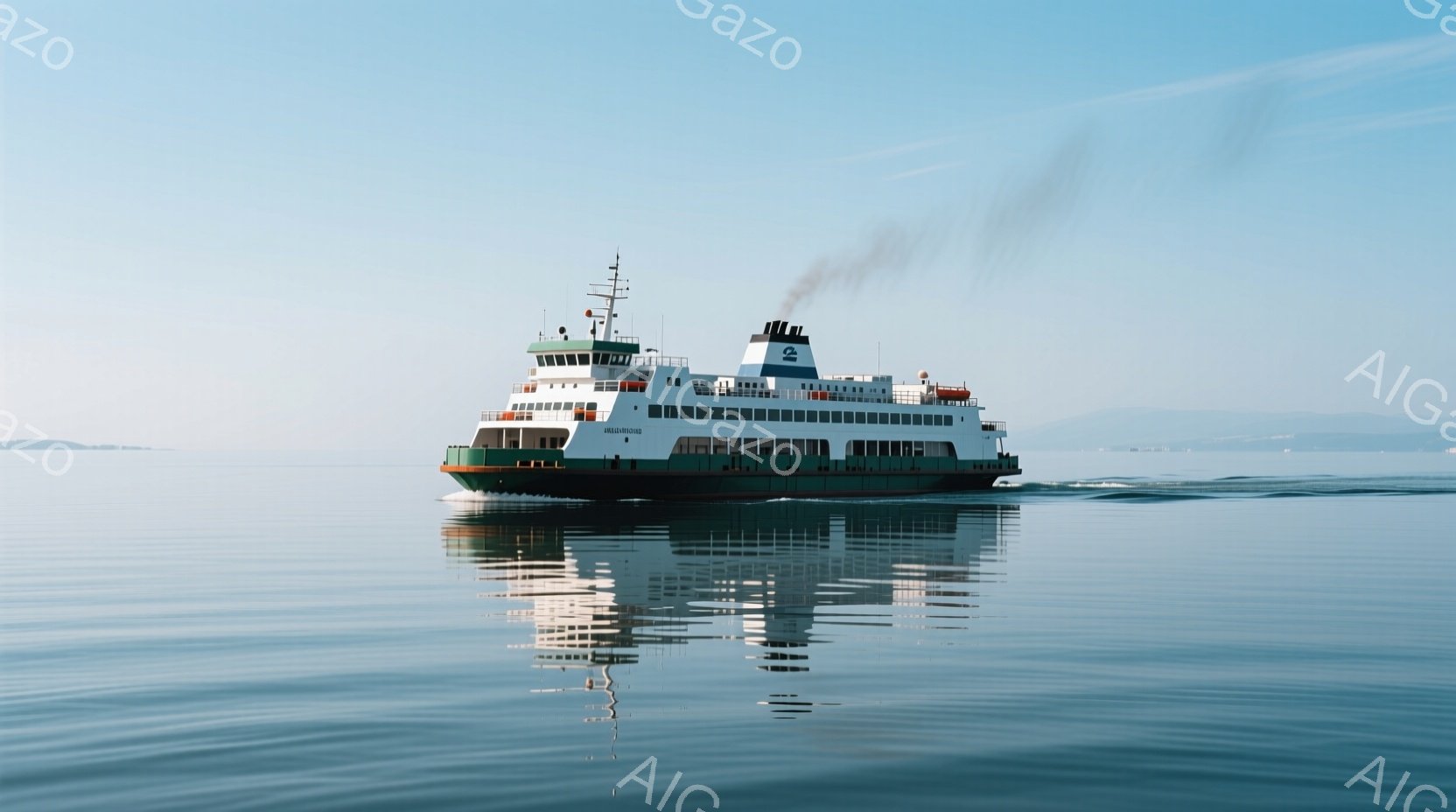 白と緑色の船が穏やかな青い海の上を航行しており、煙突から白い煙が立ち上っている。船は水面に鮮明に反射し、遠くにはぼんやりと山々が見える、静かで平和な雰囲気である。水面は滑らかで、穏やかな天候を示唆している。