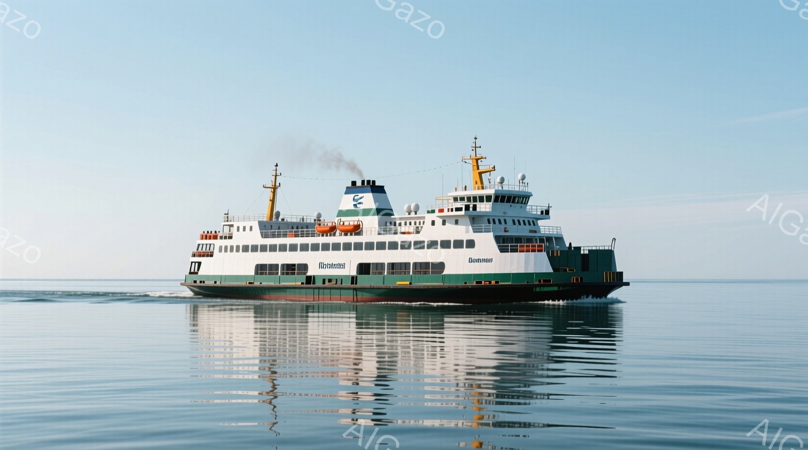 緑と白を基調とした大きなフェリー船が、穏やかな水面に沿って航行している様子が写っている。船体には緑色のラインが入り、煙突からは白い煙が立ち上っている。水面は穏やかで、船の鮮やかな色彩が映り込み、静かで平和な雰囲気を醸し出している。