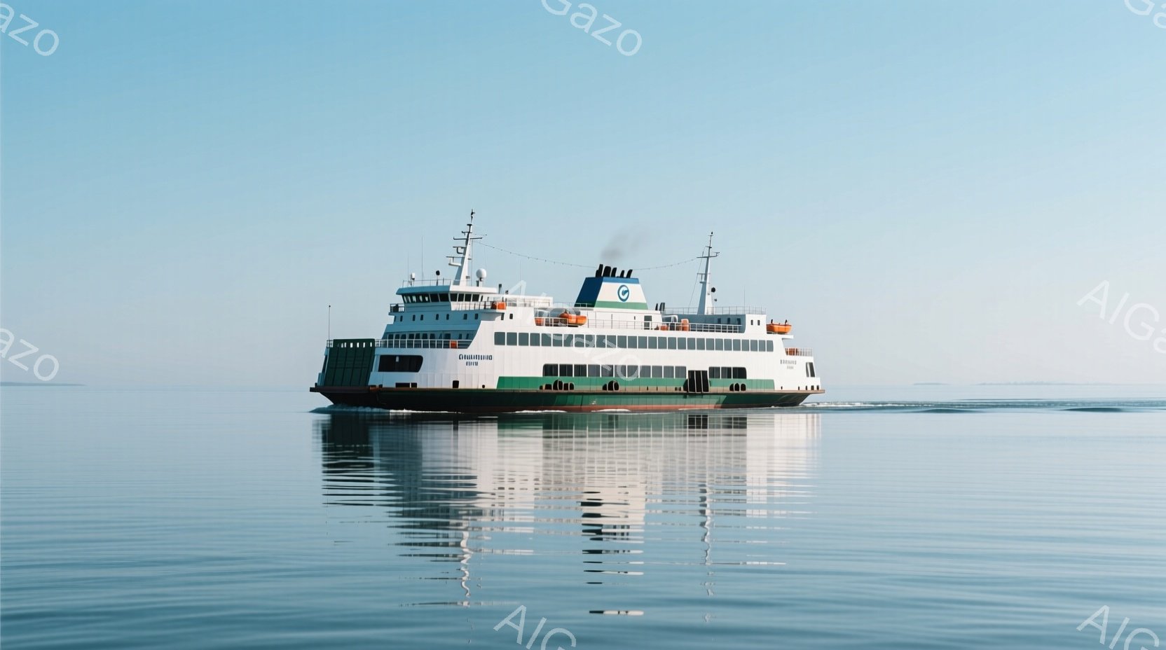 白と緑色の船が穏やかな海面を航行しており、船体には文字が描かれている。水面には船の鮮明な反射が映り込み、静かで平和な雰囲気を醸し出している。背景は青空と広大な海であり、天候は晴れで穏やかである。