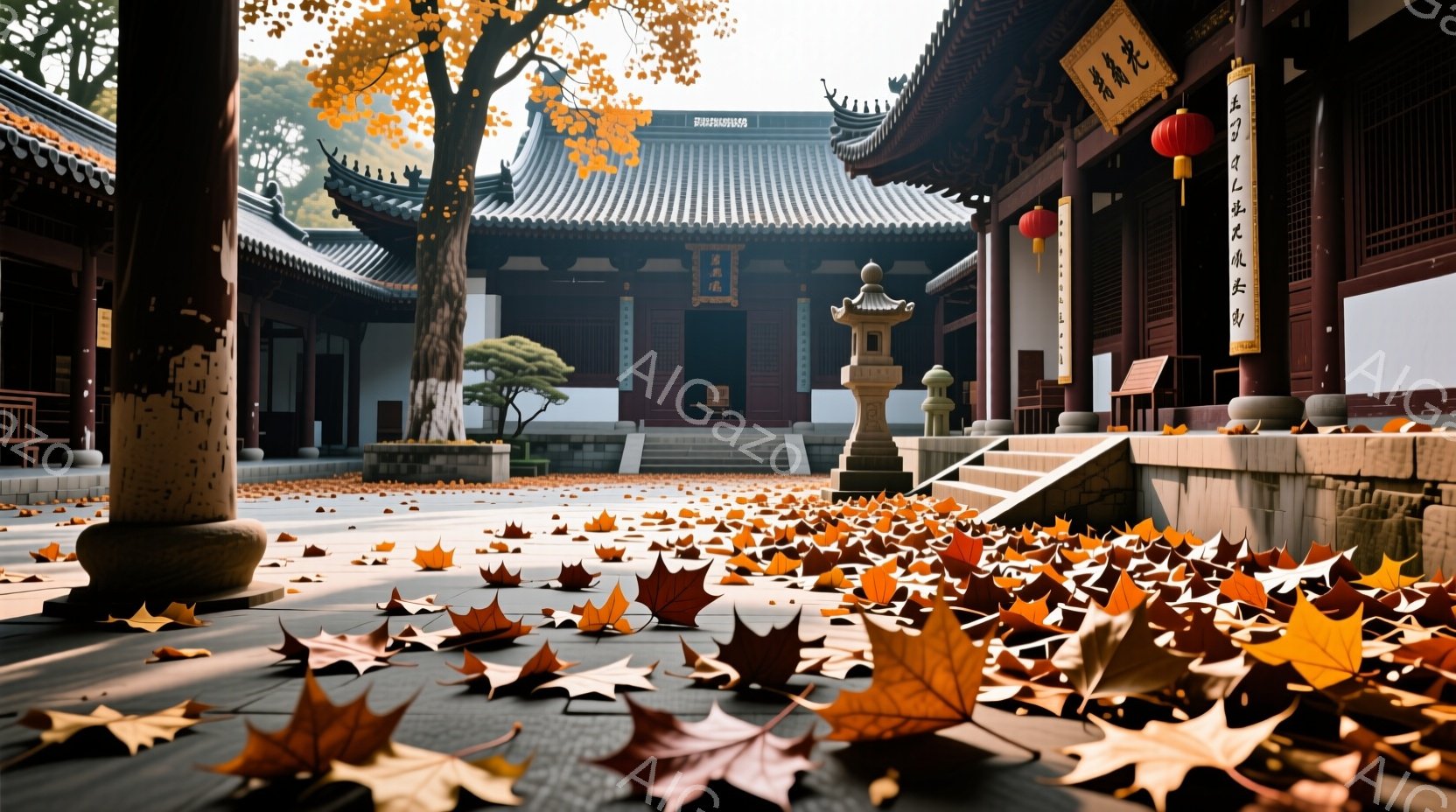 古代の寺院の風景が描かれており、地面には鮮やかな紅葉が散りばめられています。寺院の建物は伝統的な様式で、朱色の柱と瓦屋根が特徴的で、背景には緑豊かな木々が広がっています。全体的に穏やかで静謐な雰囲気が - AI生成フリー素材