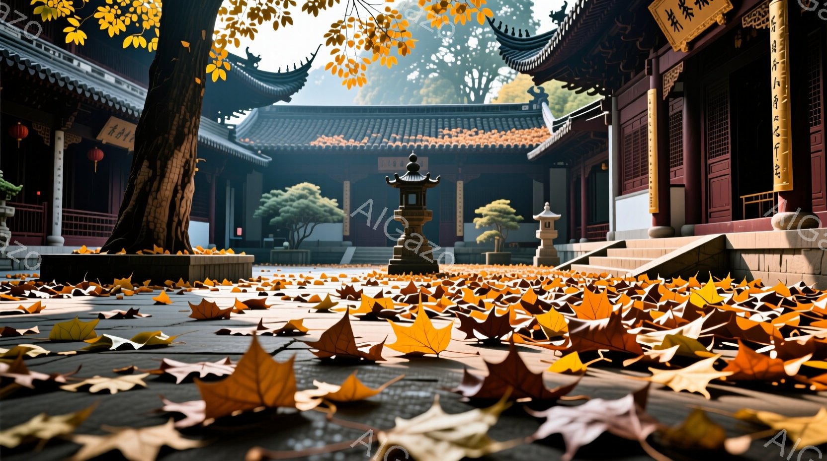 広大な寺院の敷地が、鮮やかなオレンジ色の落ち葉で覆われている。赤い柱と精巧な装飾が施された建物が立ち並び、緑豊かな木々が背景を彩っている。全体的に静寂で穏やかな雰囲気が漂い、秋の深まりを感じさせる。 - AI生成フリー素材