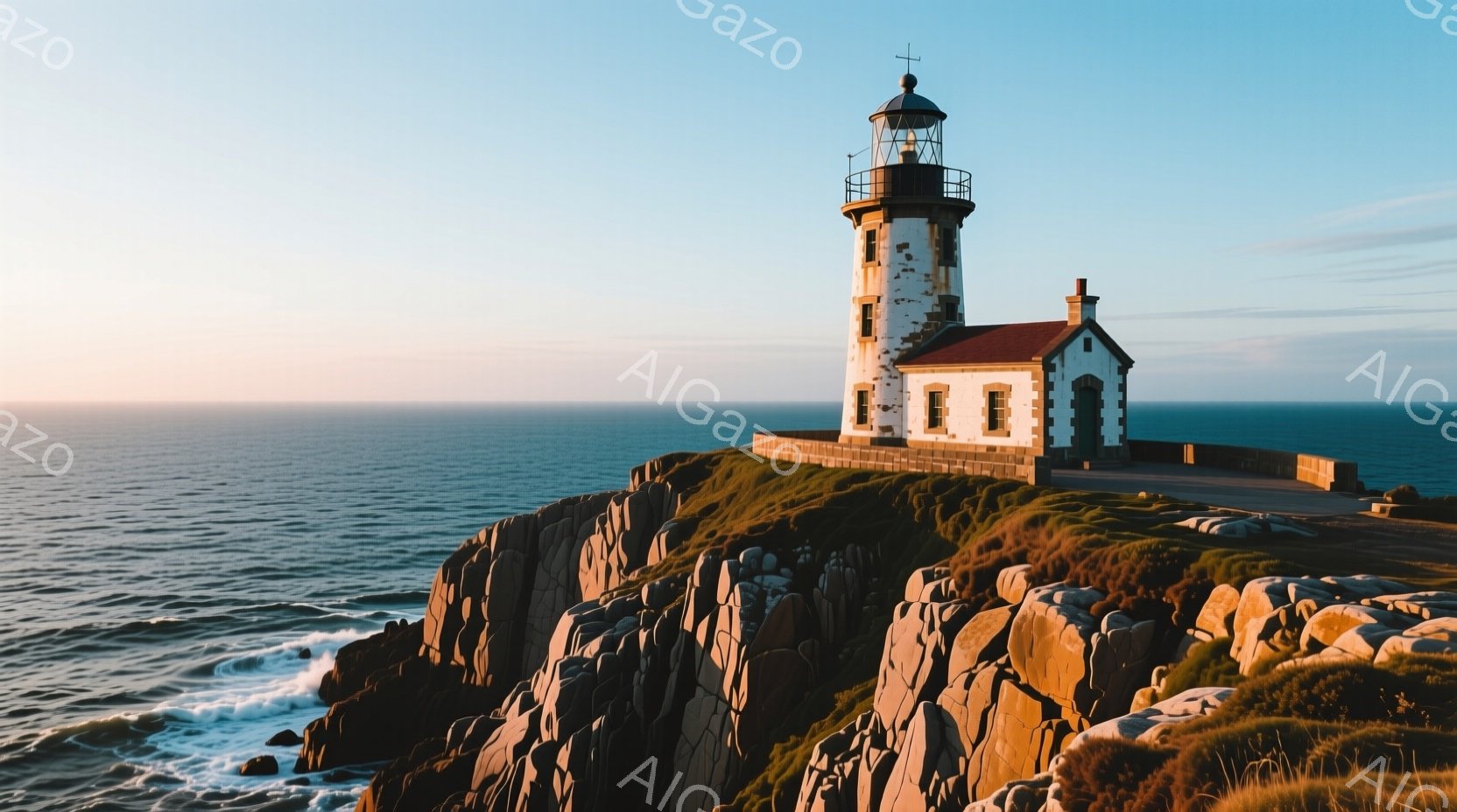 荒涼とした岩場の先端に、白と黒の縞模様の灯台が堂々と建っている。灯台の周りには緑豊かな草が生い茂り、その下に打ち寄せる波が美しいコントラストを生み出している。空は穏やかな青色で、夕暮れ時の柔らかな光が灯台全体を包み込み、静かで荘厳な雰囲気を醸し出している。