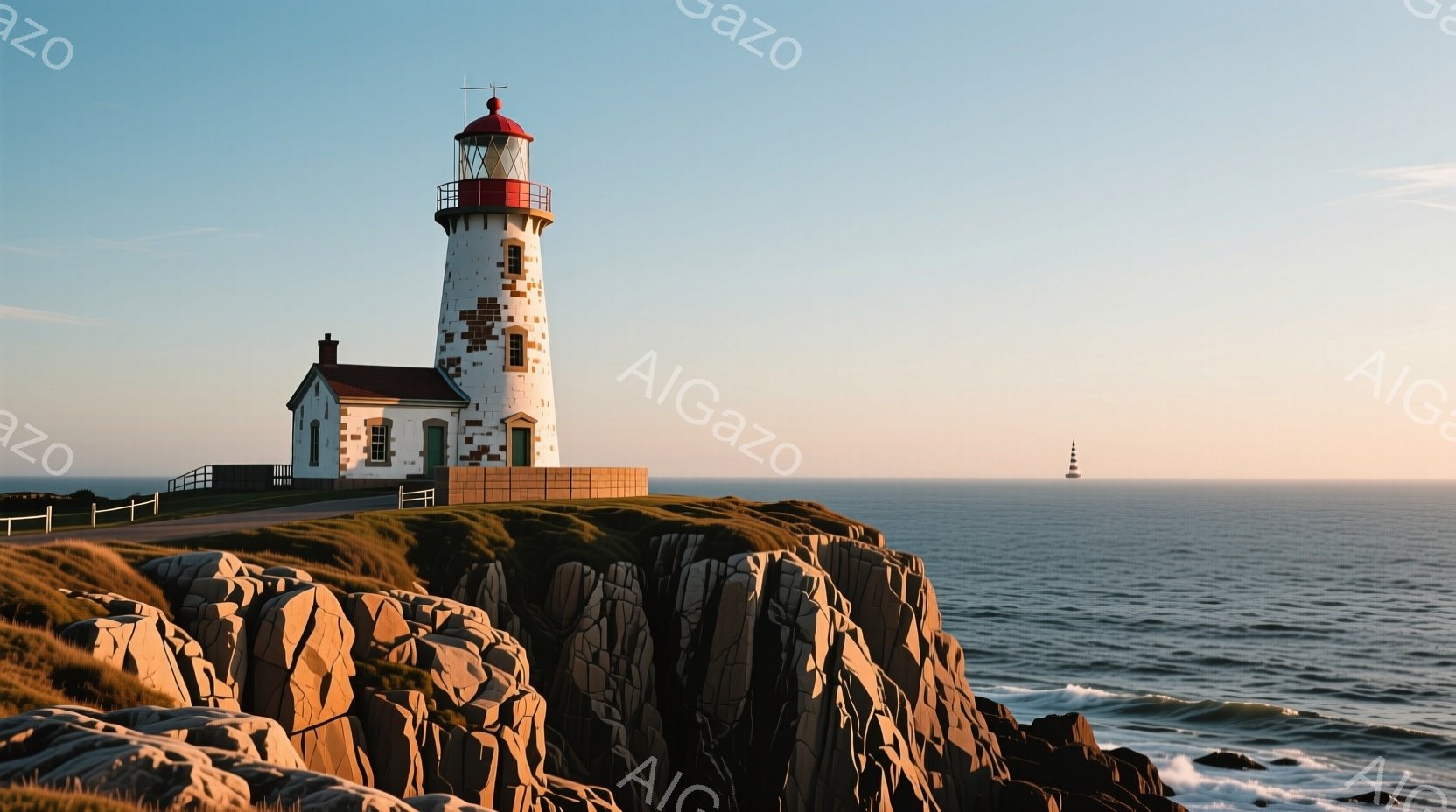 岩だらけの岬の上に、白と赤の縞模様の灯台がそびえ立っています。灯台の周りには緑の草が生い茂り、青い海と空が広がっています。穏やかな波が海岸に打ち寄せ、静かで平和な雰囲気が漂っています。 - AI生成フリー素材