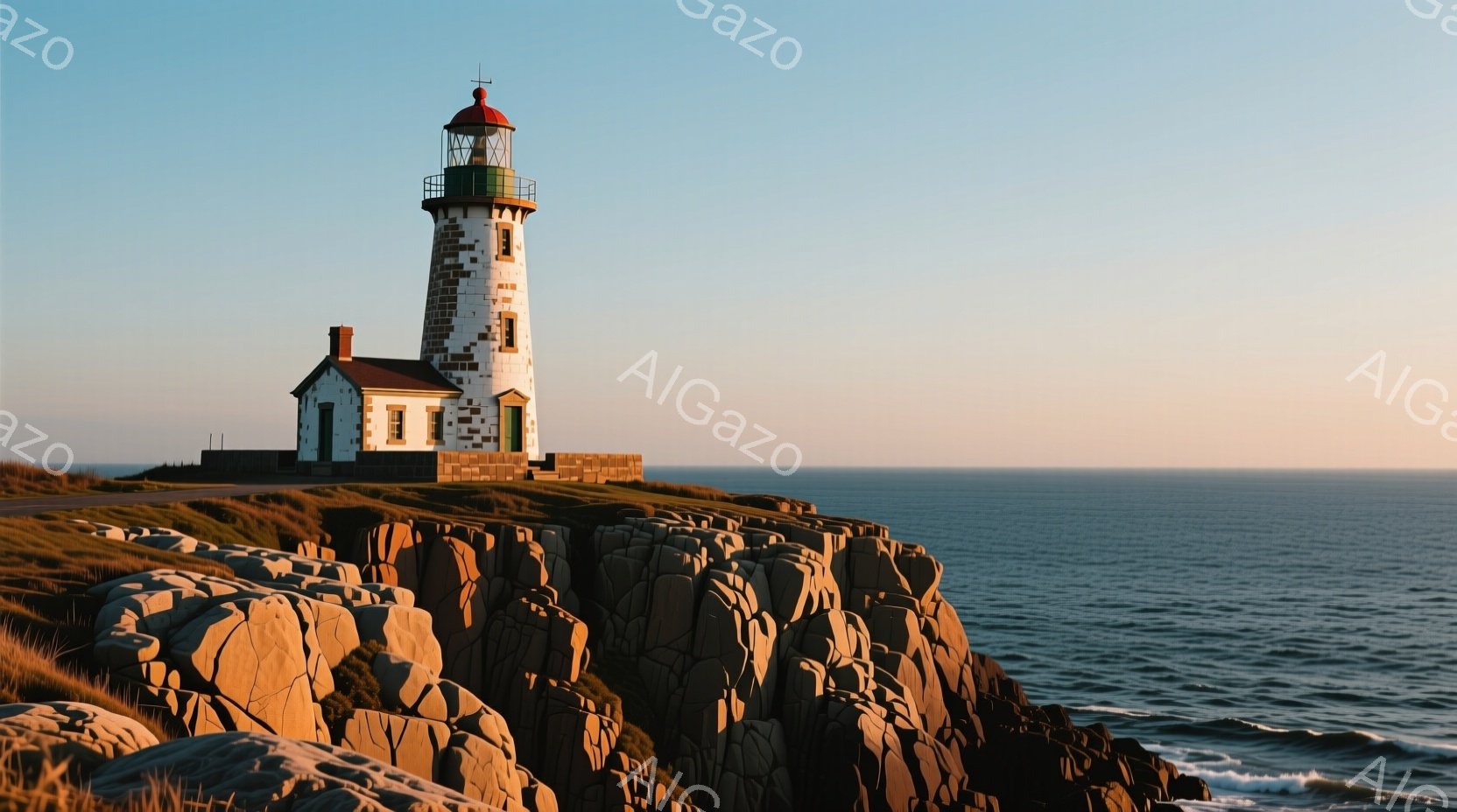 岩だらけの岬の上に立つ白と黒の縞模様の灯台が印象的です。灯台は、海を見渡せる高台に位置し、周囲には緑色の草が生い茂っています。穏やかな波が打ち寄せ、空は澄み渡り、平和で静寂な雰囲気が漂っています。 - AI生成フリー素材