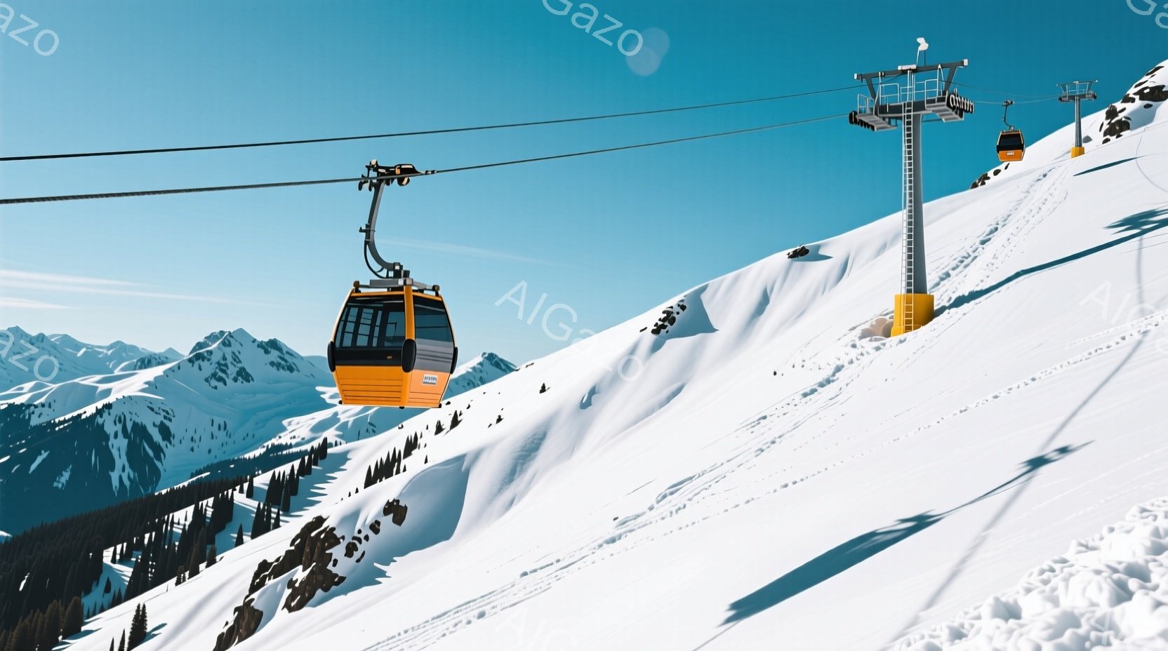 白い雪山を背景に、オレンジ色のゴンドラがロープウェイで移動している様子が写っている。雪山は松の木々や岩肌が覗き、背景には遠くの山々が連なっている。晴天で、空は鮮やかな青色であり、冬の澄んだ空気を感じさせる。