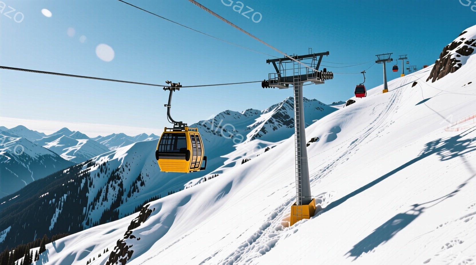 白く雪に覆われた山々を背景に、鮮やかな黄色いゴンドラがスキーリフトの支柱の間を滑らかに進んでいます。空は澄み切った青空で、太陽の光が雪面に反射し、キラキラと輝いています。全体的に、冬の澄んだ空気と壮大な自然を感じさせる、静かで穏やかな雰囲気です。