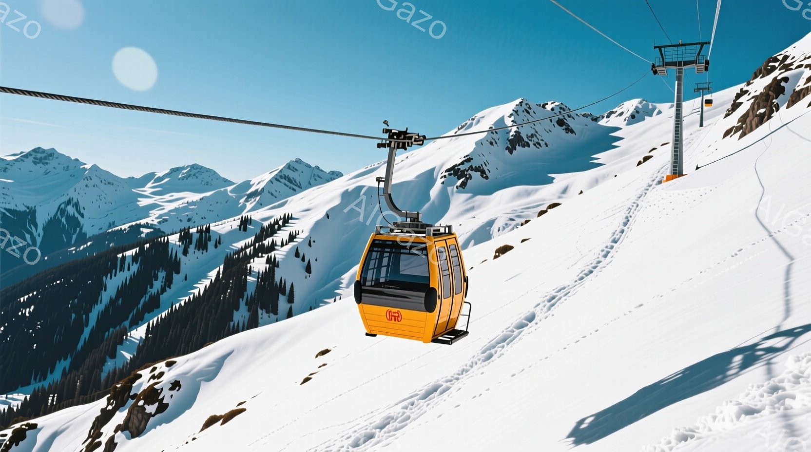 雪を覆った山々を背景に、鮮やかなオレンジ色のゴンドラが雪原を滑るように進んでいる。ゴンドラにはわずかな影が落ち、内部の様子はうかがえないが、冬の澄んだ空気と輝く雪が広がり、静かで穏やかな雰囲気を醸し出している。遠くにはそびえ立つ山々が連なり、自然の壮大さを感じさせる。