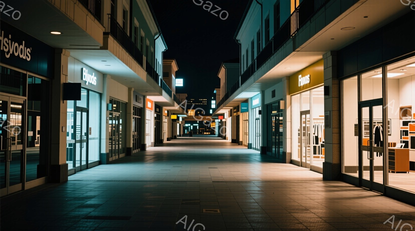 夜のショッピングモールの通路が写っている。両側の店舗はガラス張りのショーウィンドウで、薄暗い光が漏れており、奥にはぼんやりと光る店舗が見える。静寂で誰もいない通路は、少し寂しげで幻想的な雰囲気を醸し出 - AI生成フリー素材