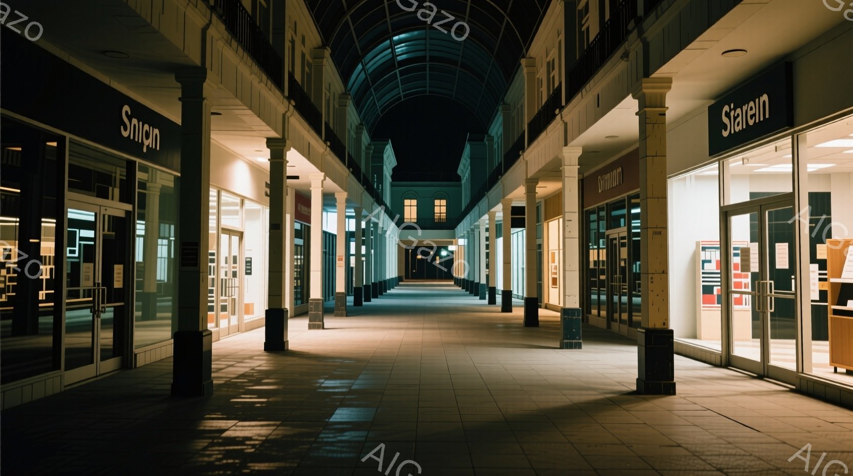 長い廊下には、左右に店舗が並び、薄暗い光が差し込んでいます。床はタイル張りで、遠くの出口に向かって伸びる廊下は、静寂と少しの寂しさを感じさせます。店舗のショーウィンドウは閉まっており、夜の雰囲気を強調 - AI生成フリー素材