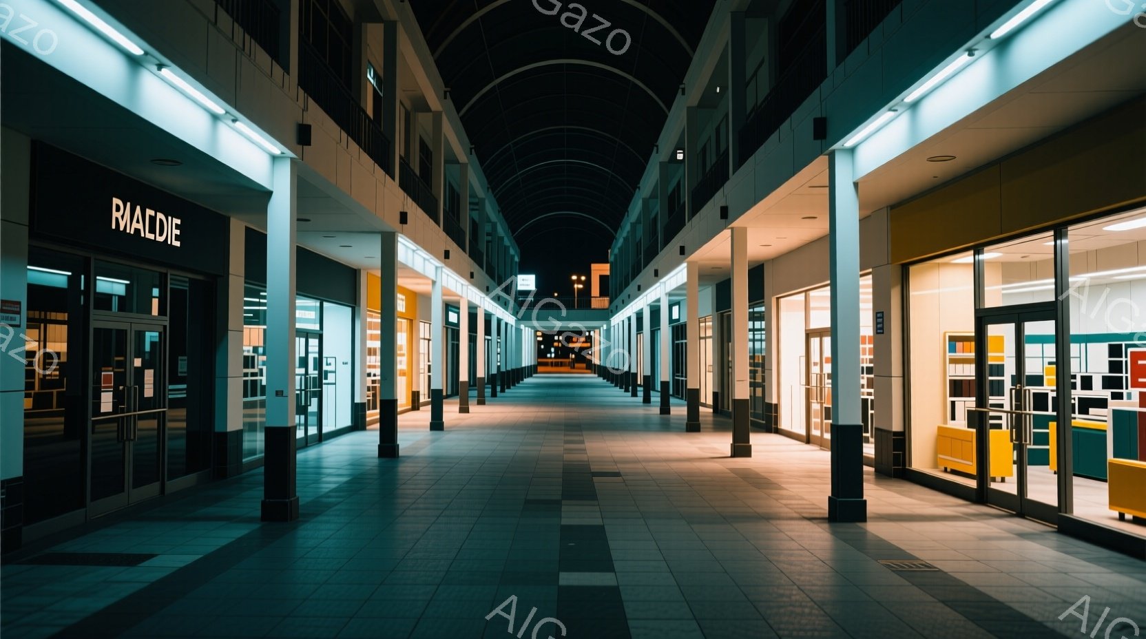 長い廊下は、両側にショップが並び、明るい光で照らされています。タイル張りの床は規則的に配置され、廊下の遠くへ続く視線を導きます。夜の静寂と、空っぽの廊下の並びが、少し寂しげで幻想的な雰囲気を醸し出して - AI生成フリー素材