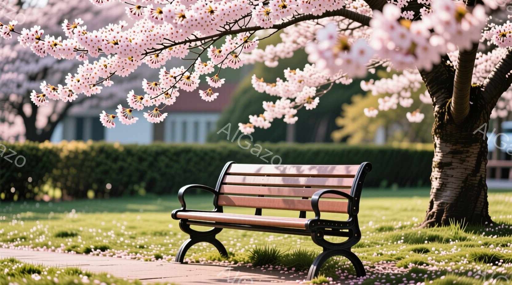 公園の小道に木製のベンチが置かれ、周囲は桜の花びらが散りばめられています。背景には緑の生垣と建物が見え、桜の木からはピンク色の花が咲き誇り、春の穏やかな雰囲気を醸し出しています。全体的に柔らかい光が差 - AI生成フリー素材