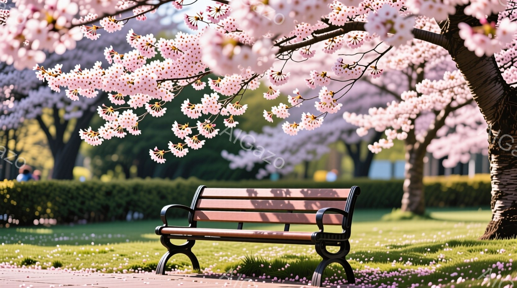 満開の桜並木の中に置かれた黒いベンチが印象的な風景です。地面には散った桜の花びらが敷き詰められ、春の穏やかな雰囲気を醸し出しています。背景には緑豊かな芝生と、ぼやけた木々が見え、春の暖かさと静けさが感じられます。