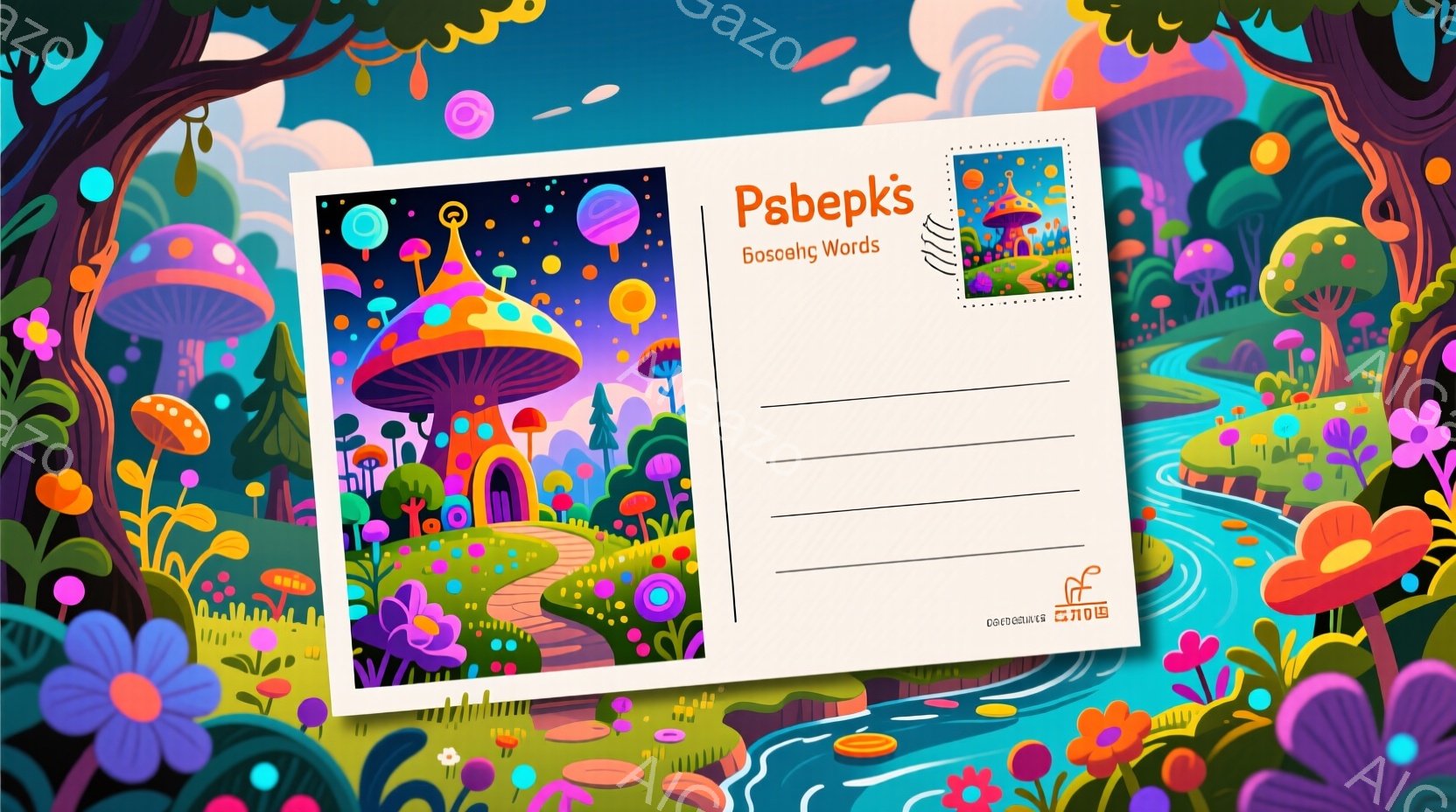 カラフルなキノコと花々が咲き乱れる幻想的な風景が描かれている。キノコ型の家々が点在し、曲線的な川が流れ、虹色の雲が空に浮かんでいる。全体的に明るく、遊び心に満ちた、夢のような雰囲気が漂っている。