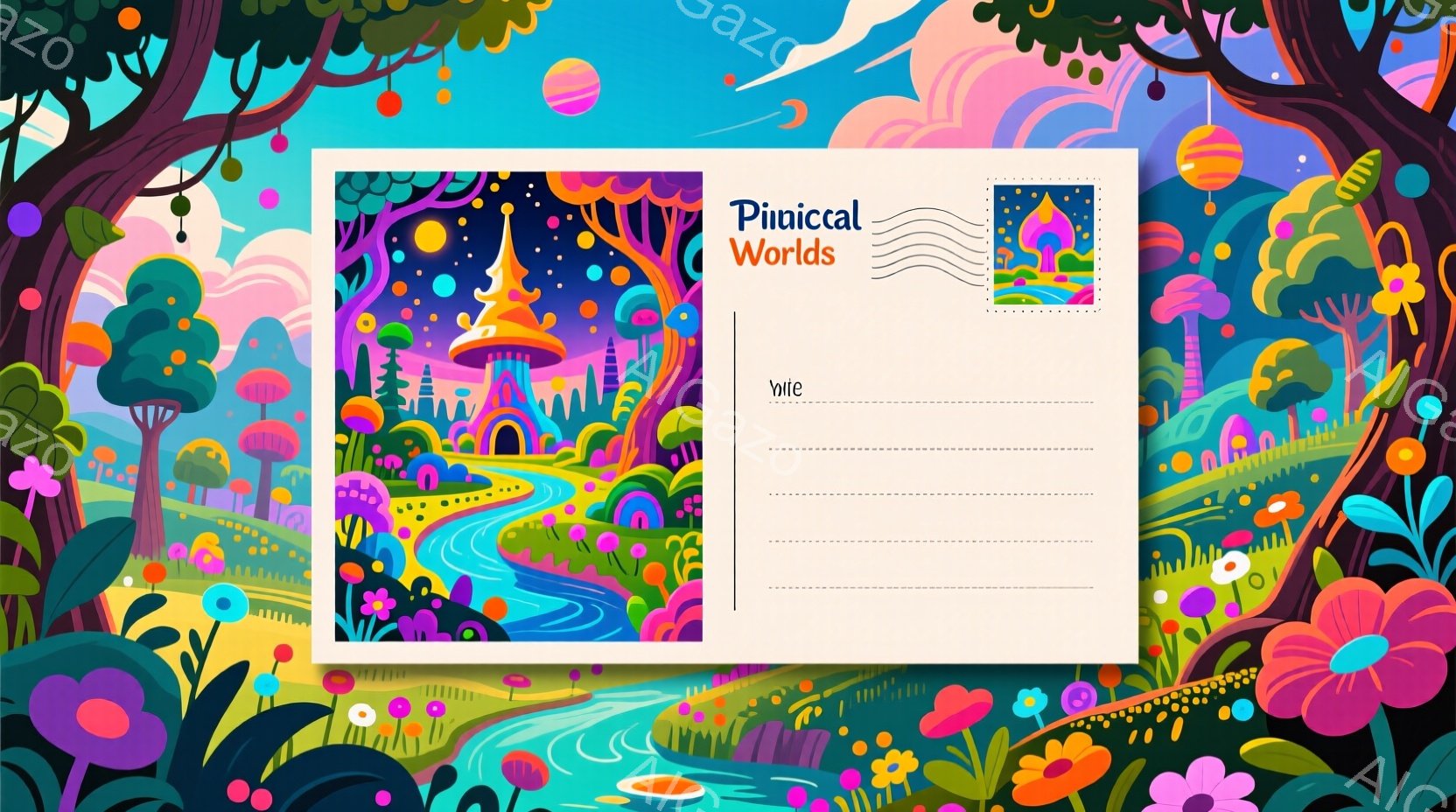 鮮やかな色彩で彩られた幻想的な風景が広がっています。曲線を描く川が画面中央を流れ、背後にはユニークな形の建物や植物が生い茂っています。全体的に明るく、夢のような雰囲気が漂っています。