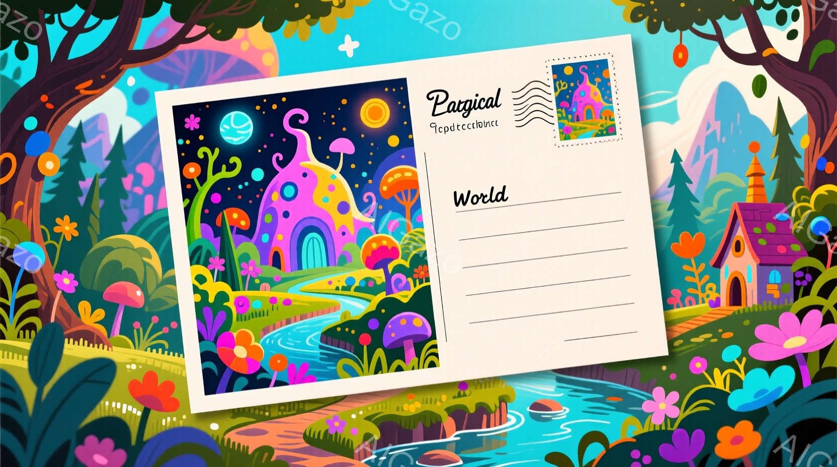 美しいキノコと花々が生い茂る幻想的な風景が描かれています。背景には、虹色のアーチを持つおとぎ話のような家々と、穏やかな小川が流れ、全体的に夢のような雰囲気を醸し出しています。鮮やかな色彩と丸みを帯びたフォルムが特徴で、子供向けのイラストレーションやファンタジーの世界観を彷彿とさせます。