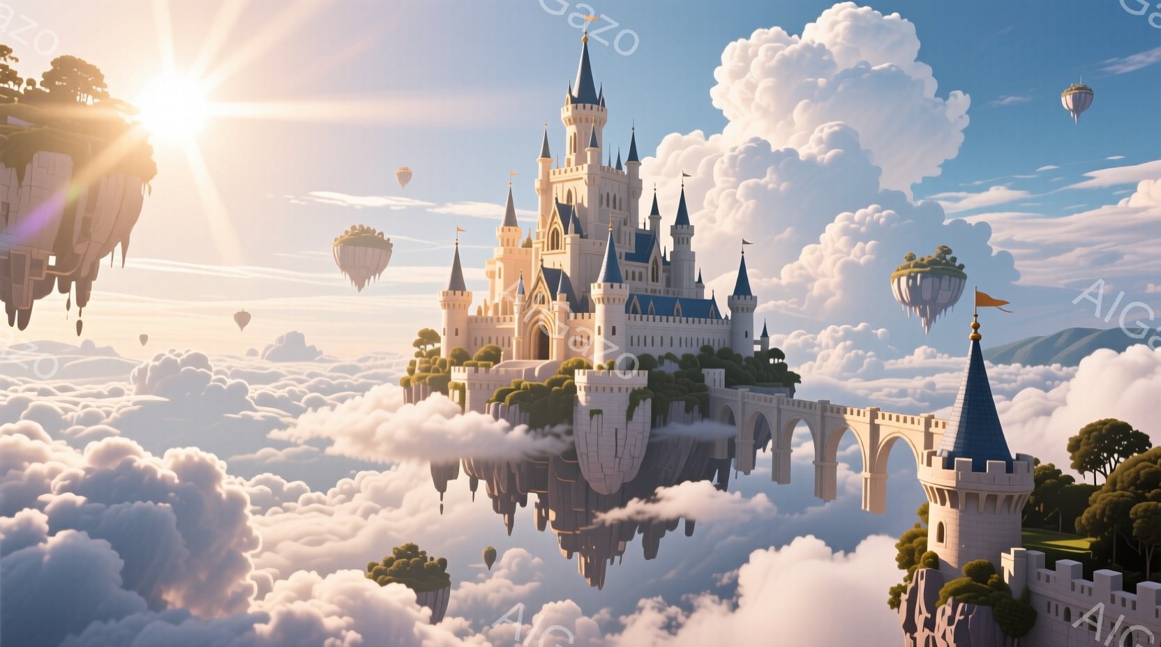 白い城が雲の上に浮かび、まるで空に浮かぶ夢のような光景です。城は尖塔や美しいアーチが特徴で、周囲には緑豊かな植物が生い茂り、空には小さな島々や風船が点在しています。暖かく穏やかな光が差し込み、全体的に - AI生成フリー素材