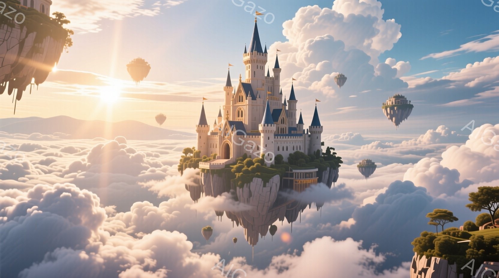 白い城が雲の上に浮かぶ幻想的な光景が広がっている。城は尖塔やアーチが特徴的で、周囲には緑豊かな植物が配置され、まるで空に浮かぶ庭園のようだ。背景には他の浮遊島や、太陽の光が差し込む雲海が広がり、夢のよ - AI生成フリー素材