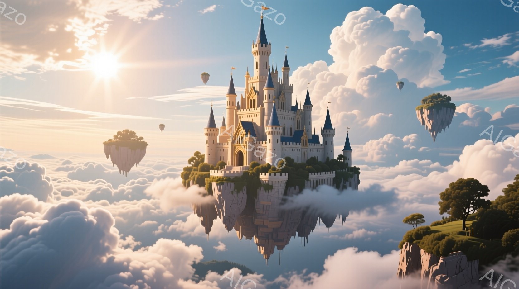 白亜の城が雲の上に浮かび、まるで夢のような光景です。城は細部まで精巧に描かれており、高い塔と美しい装飾が目を引きます。周囲には緑豊かな浮遊島や岩山があり、太陽の光と白い雲が幻想的な雰囲気を醸し出しています。