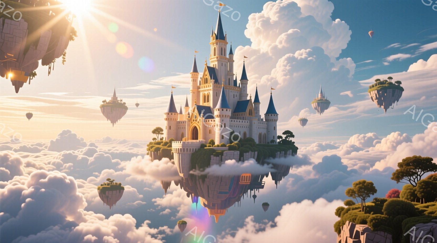 白亜の城が雲の上に浮かぶ幻想的な光景が描かれています。城は尖塔が複数あり、緑豊かな植物に囲まれ、まるで空に浮かぶ庭園のようです。背景には他の小さな浮遊島や、雲の海が広がり、暖かく穏やかな雰囲気を醸し出しています。