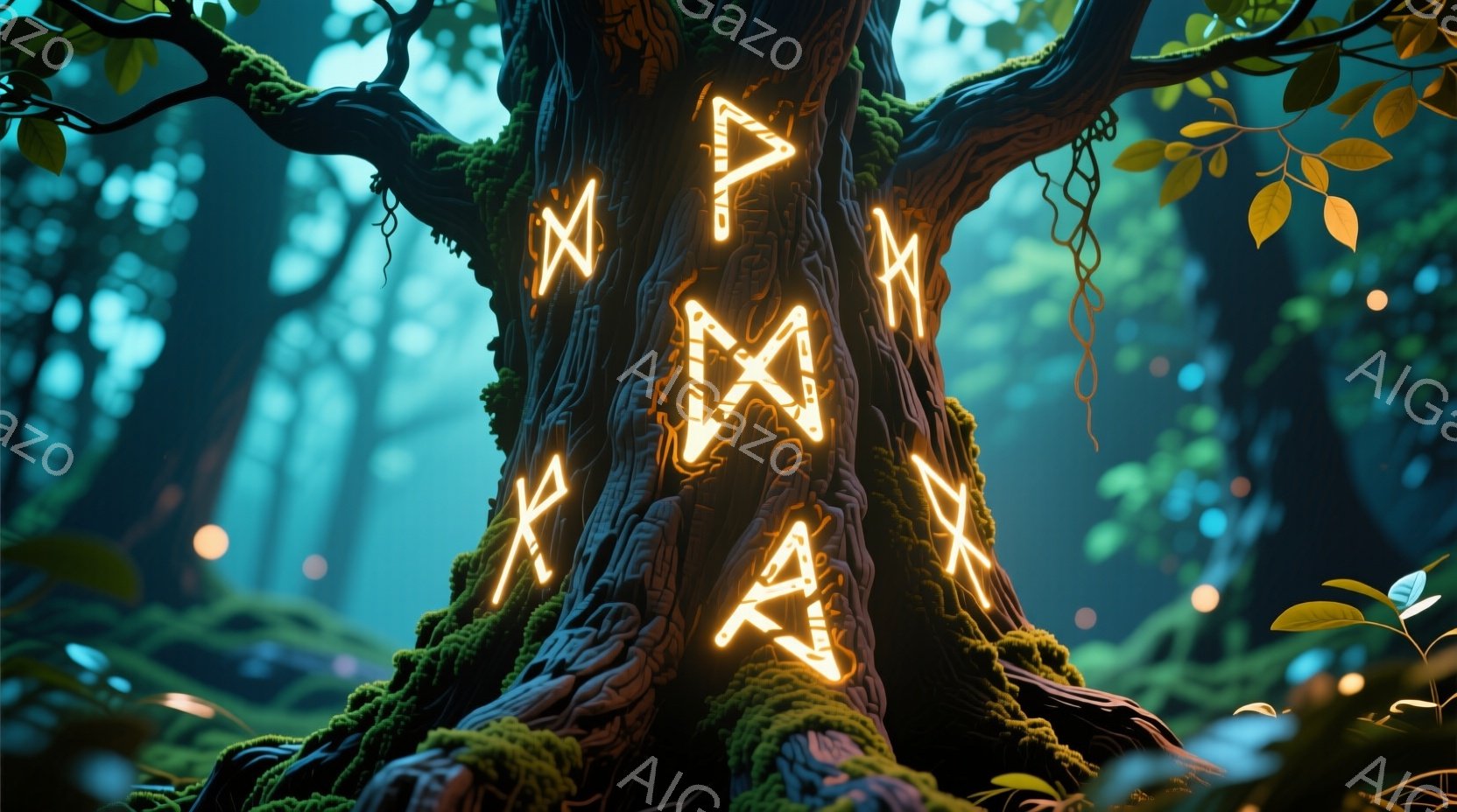古代の森の中にそびえ立つ巨大な木が描かれており、その幹には光り輝く古代文字（ルーン文字のようなもの）が刻まれています。木の根元は緑色の苔で覆われ、周囲には緑豊かな植物が生い茂り、幻想的な雰囲気を醸し出しています。背景は深緑で覆われ、まるで魔法にかけられたような神秘的な森の奥深さを感じさせます。