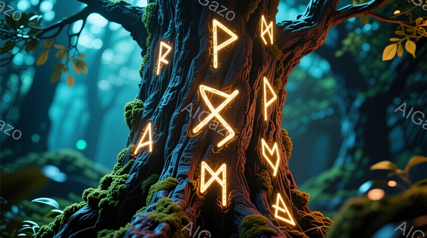 古代の森林を背景に、苔むした太い木の幹に光るルーン文字が刻まれています。ルーン文字は鮮やかな黄色で、暗い森の中で異質な光を放ち、神秘的な雰囲気を醸し出しています。背景は緑豊かな植生に覆われた暗く、幻想的で魔術的な世界観を想起させます。