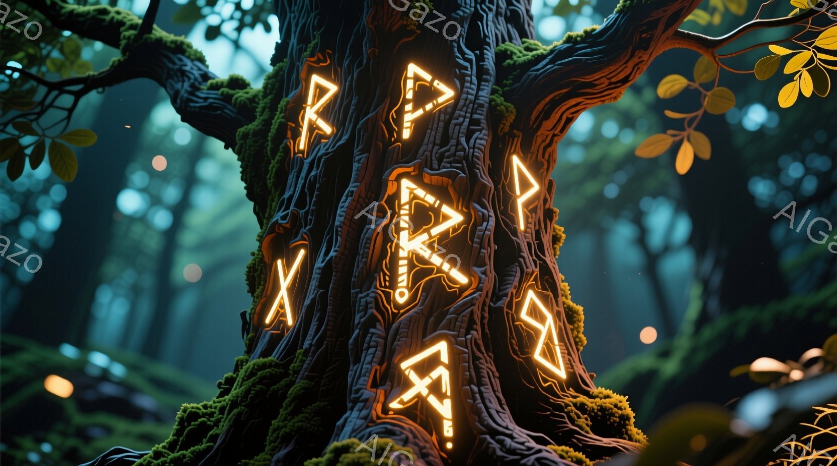 古木の幹に光るルーン文字が刻まれており、神秘的な雰囲気を醸し出しています。背景は深い森で、緑豊かな木々とぼんやりとした光の粒子が幻想的な空間を作り出しています。苔むした樹皮とルーン文字の発光が、古来からの魔法や神秘的な力を連想させます。