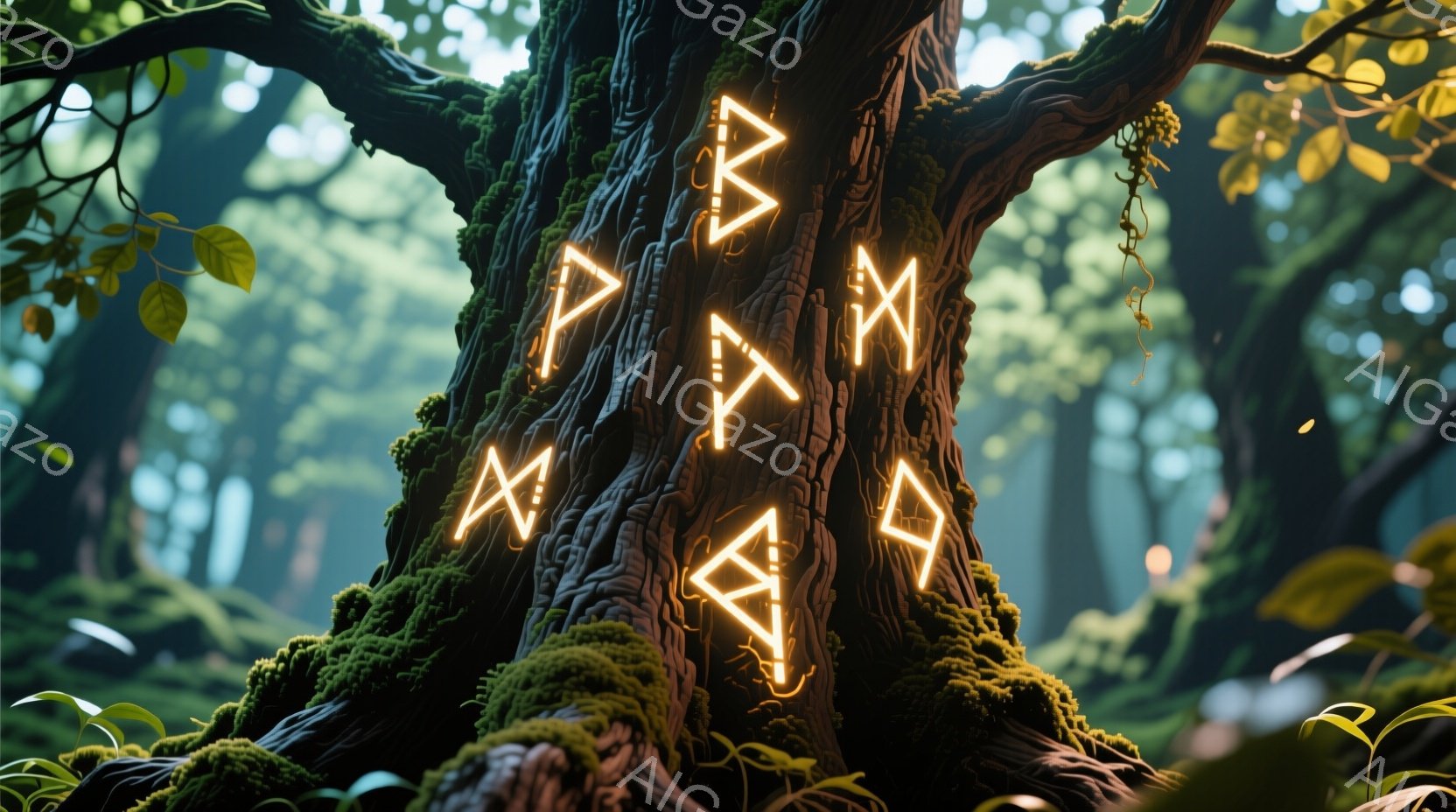 古木の太い幹に、発光するルーン文字が刻まれている。周囲は緑豊かな森林で、光が差し込み、苔むした木肌が印象的だ。神秘的で幻想的な雰囲気を醸し出しており、古代の魔法や精霊の存在を感じさせる。