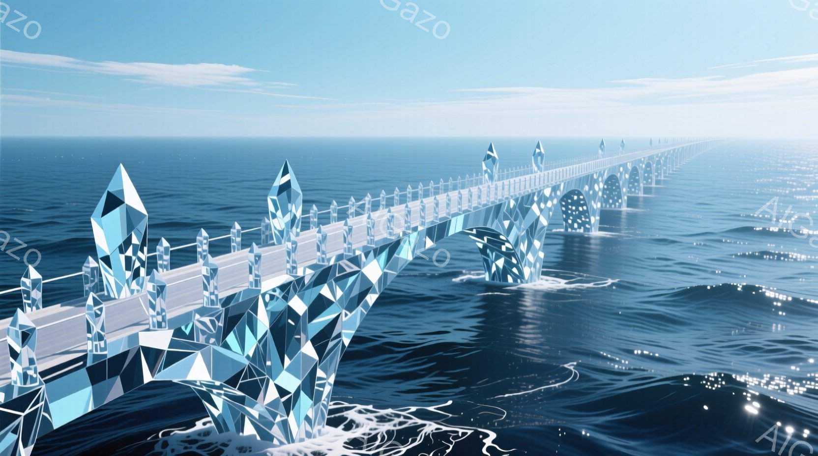 鮮やかな青い海の上に、氷のような透明な構造物でできた長大な橋が架かっている。橋脚は複雑な結晶状の形をしており、橋自体も幾何学的な面で構成されているため、幻想的で未来的な印象を与える。波の表現も丁寧で、橋の足元に白い泡が舞い上がっている様子が、より一層その神秘的な雰囲気を強調している。