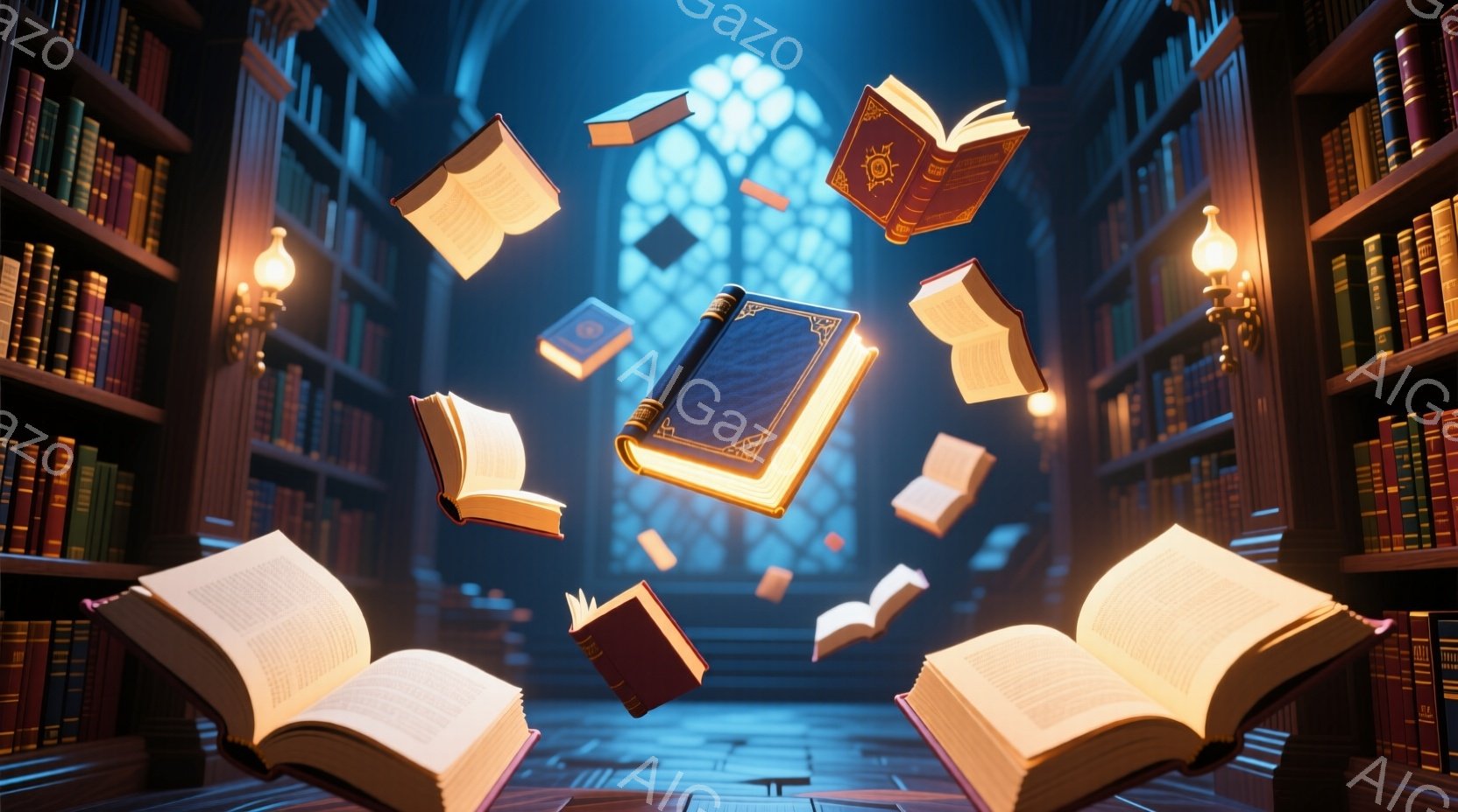 古代の図書館の内部で、開かれた本が宙に浮き、魔法のような光を放っている。深い木製の書棚が壁を覆い、高いアーチ型の窓から青い光が差し込んでいる。この空間は、知識と神秘に満ちた、静かで荘厳な雰囲気を醸し出している。