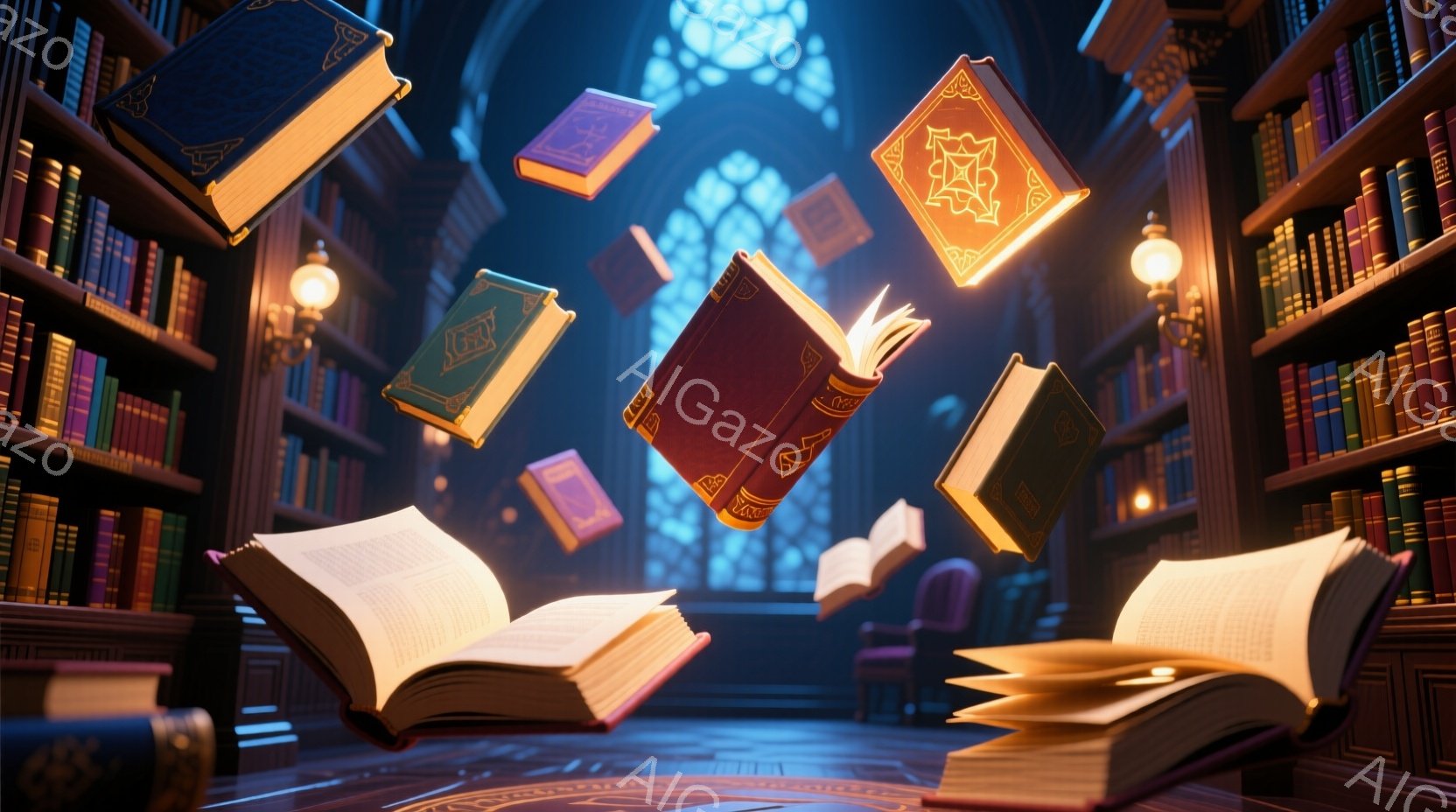 古代の図書館のような空間が描かれており、高い書架には様々な色の背表紙の本がびっしりと並んでいます。本が宙に舞い、ページが開いて光を放っている様子から、魔法や神秘的な雰囲気が漂っています。窓からは光が差し込み、埃っぽい空気と古木の香りが感じられる、幻想的な空間です。