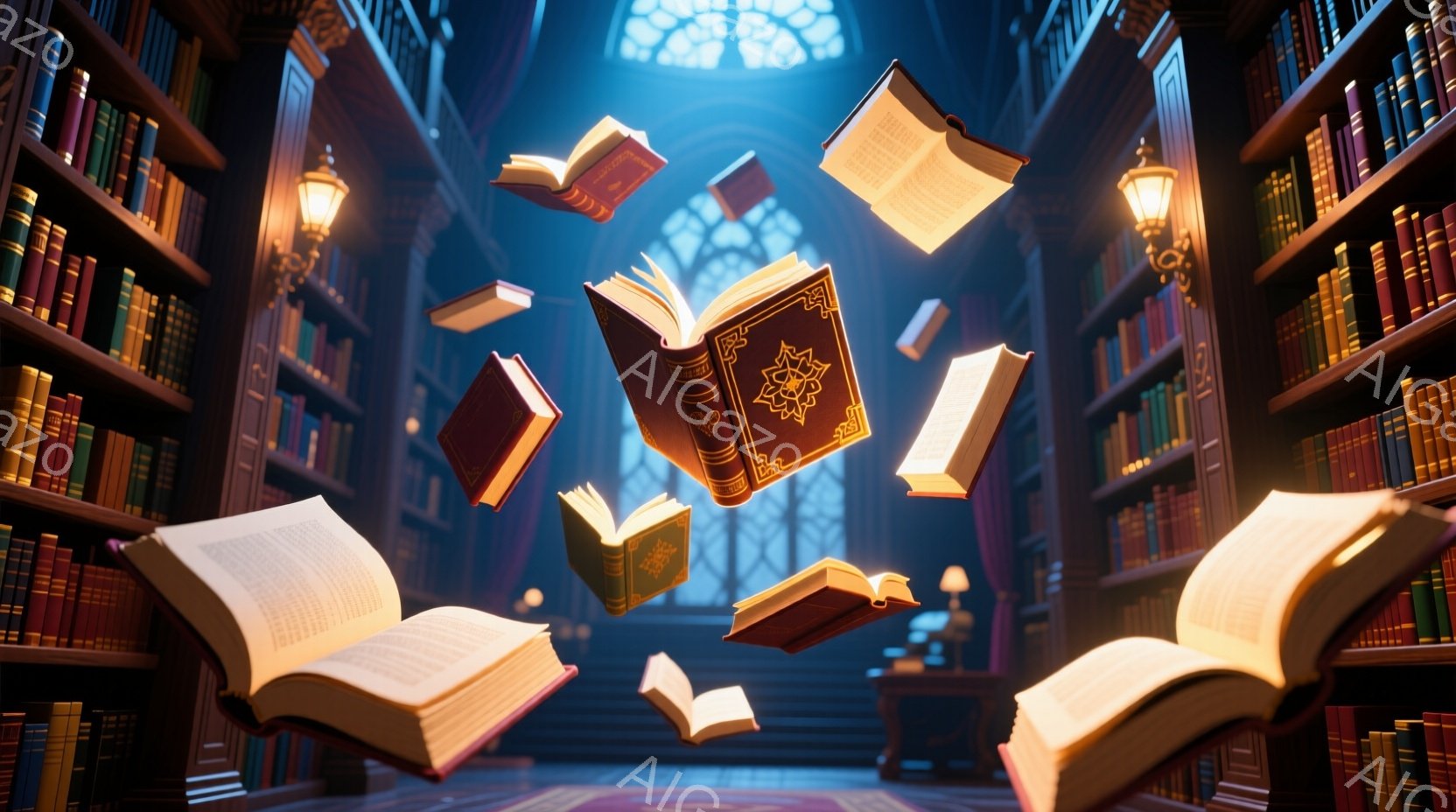 古い図書館の内部で、開かれた本が宙に舞っている様子が描かれている。壁一面の本棚には、様々な色の背表紙の本がぎっしりと並び、暖かく幻想的な光が差し込んでいる。本棚の奥には、暗い通路が続き、図書館全体が知 - AI生成フリー素材