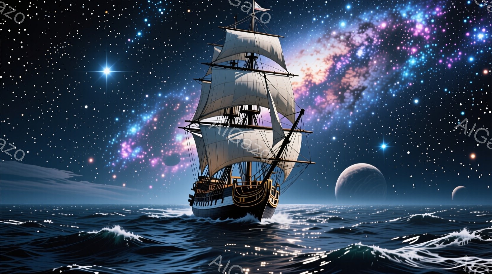 深い青色の海を航行する、帆を大きく広げた黒い帆船が印象的です。背景には、星雲のような幻想的な光と、ぼんやりとした惑星が浮かび、神秘的な雰囲気を醸し出しています。波は力強く、船はまるで宇宙を旅するかのようです。