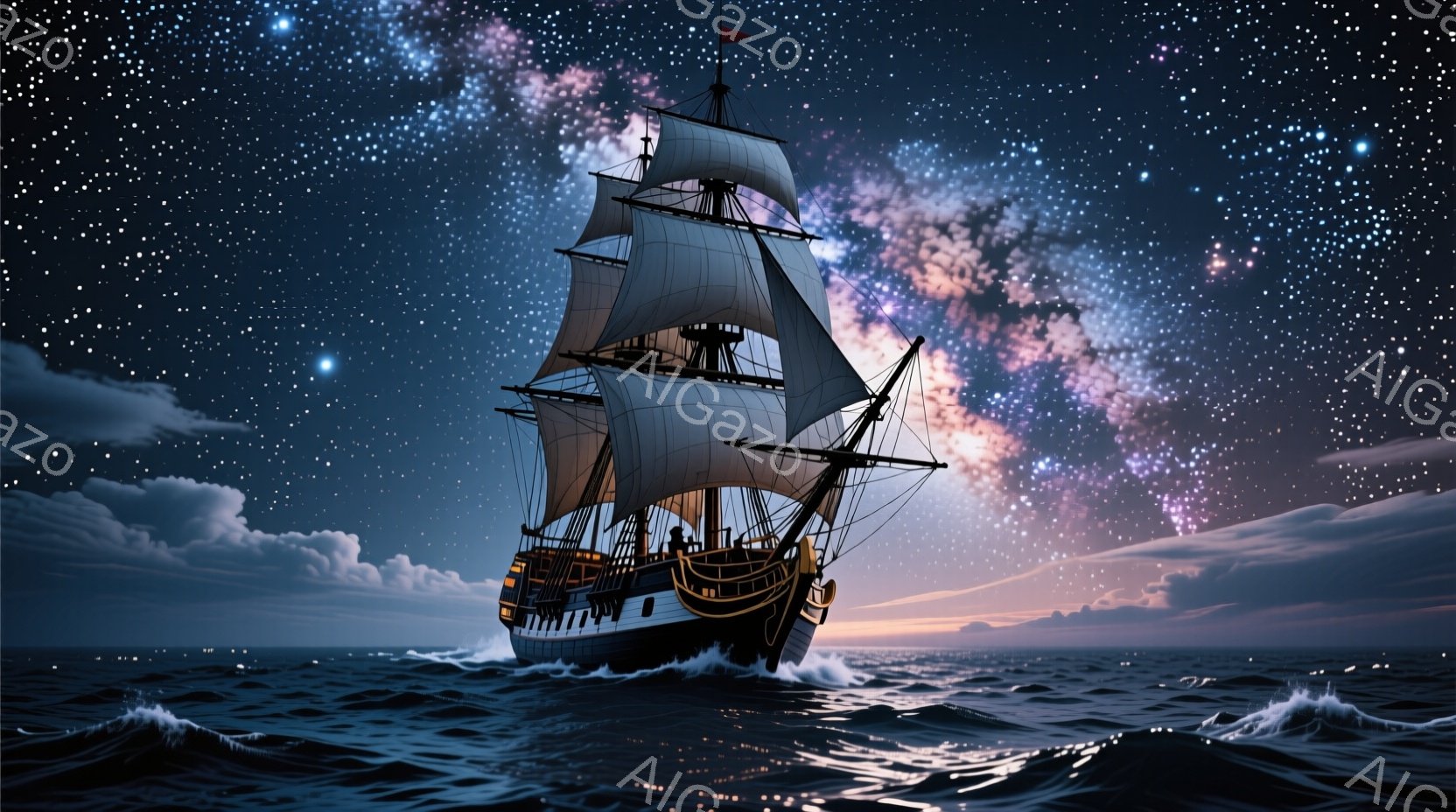 紺碧の海を切り裂くように進む帆船が印象的な画像です。船首には一人の人物が立っており、遠くを見つめています。背景には壮大な銀河が広がり、波の輝きと相まって幻想的な雰囲気を醸し出しています。