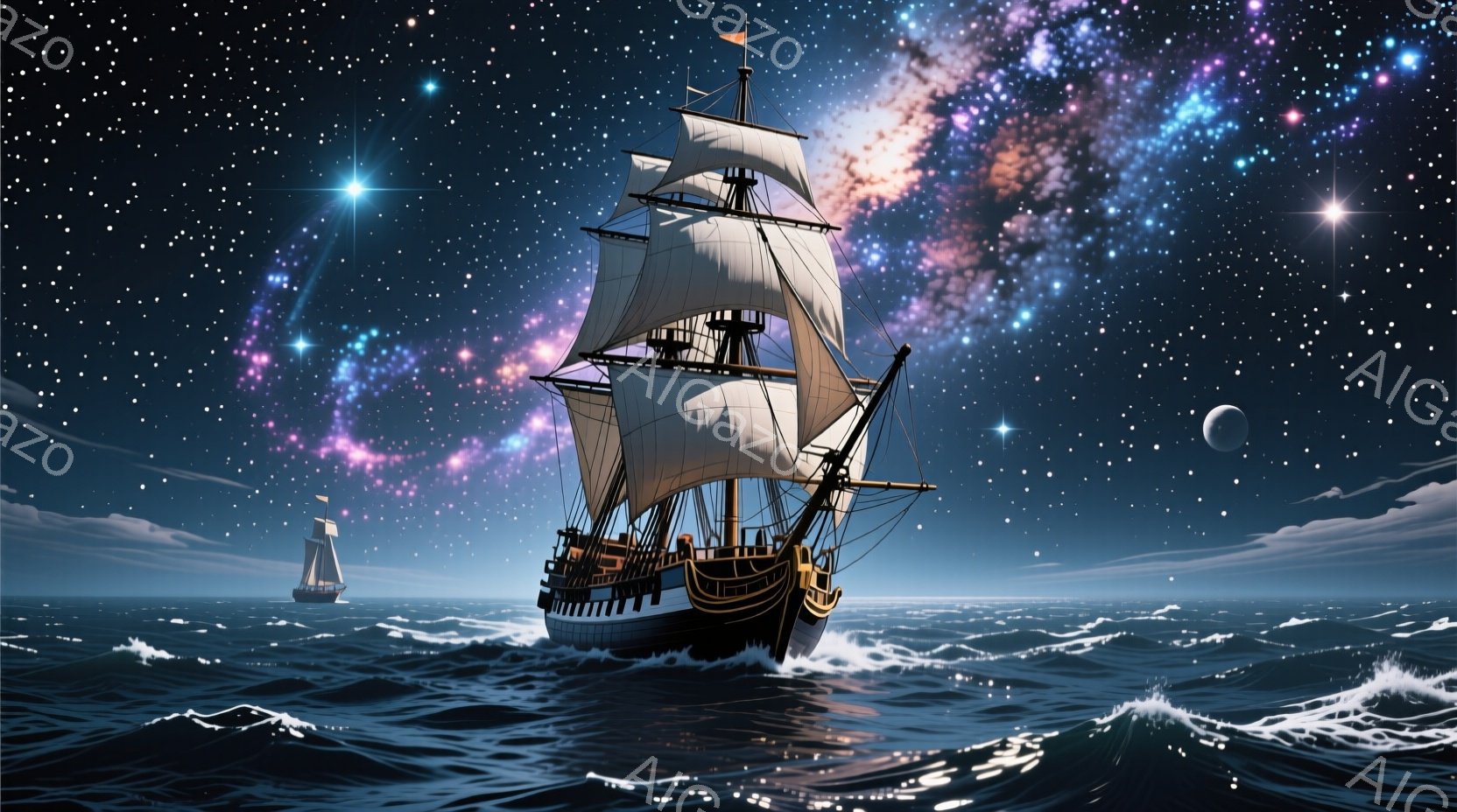 暗い海には帆船が2隻浮かび、前方の船は大きく、複雑な帆を持ち、波を切り裂いて進んでいる。背景は壮大な銀河と星雲で満たされ、月もわずかに見える夜空が広がり、幻想的で神秘的な雰囲気を醸し出している。波は荒 - AI生成フリー素材