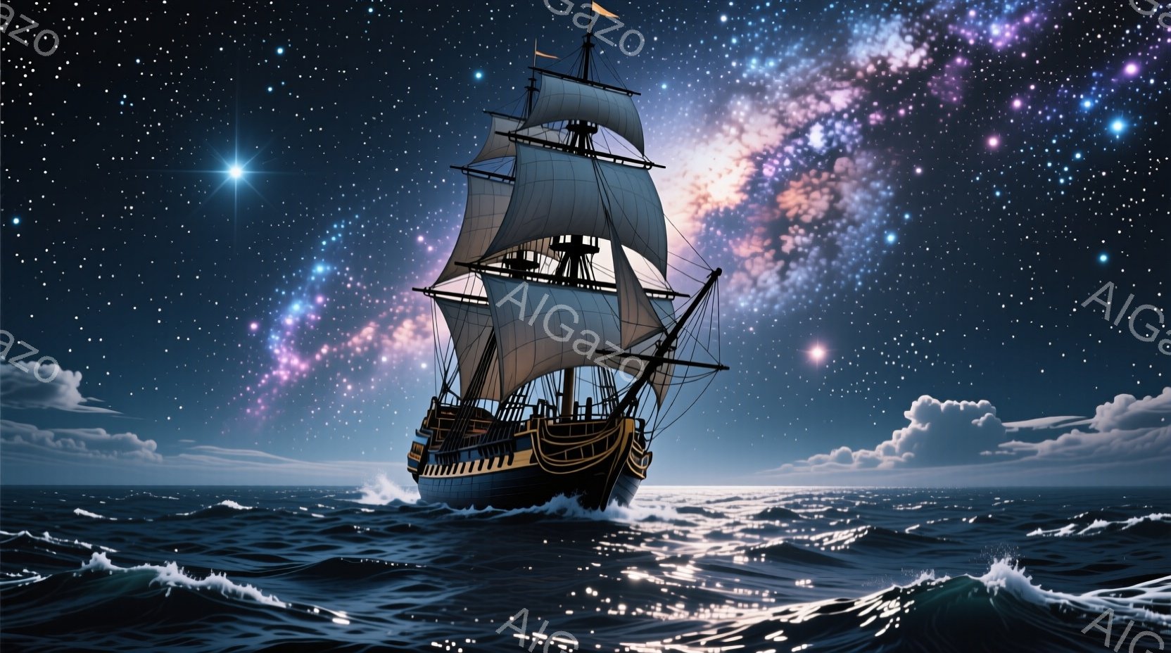 深夜の海を航行する、帆を大きく広げた古い帆船が描かれています。船体は黒と金で装飾され、波間に光る光跡と、背景に広がる幻想的な星雲が印象的です。全体として、神秘的で壮大な雰囲気であり、冒険とロマンを想起 - AI生成フリー素材