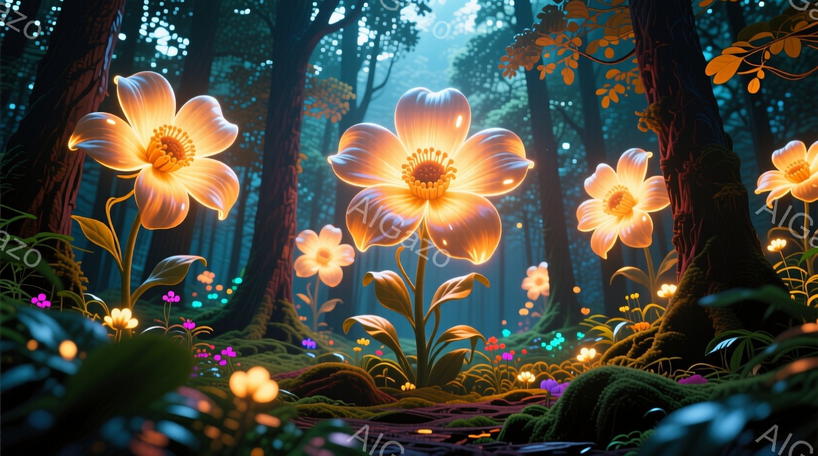 深い森の中で、光り輝く巨大な花々が咲き乱れている様子が描かれています。これらの花々は鮮やかなオレンジ色と黄色で光り、周囲の緑豊かな苔や植物とのコントラストが印象的です。背景には暗い森が広がり、光の粒子が舞い、幻想的な雰囲気を醸し出しています。