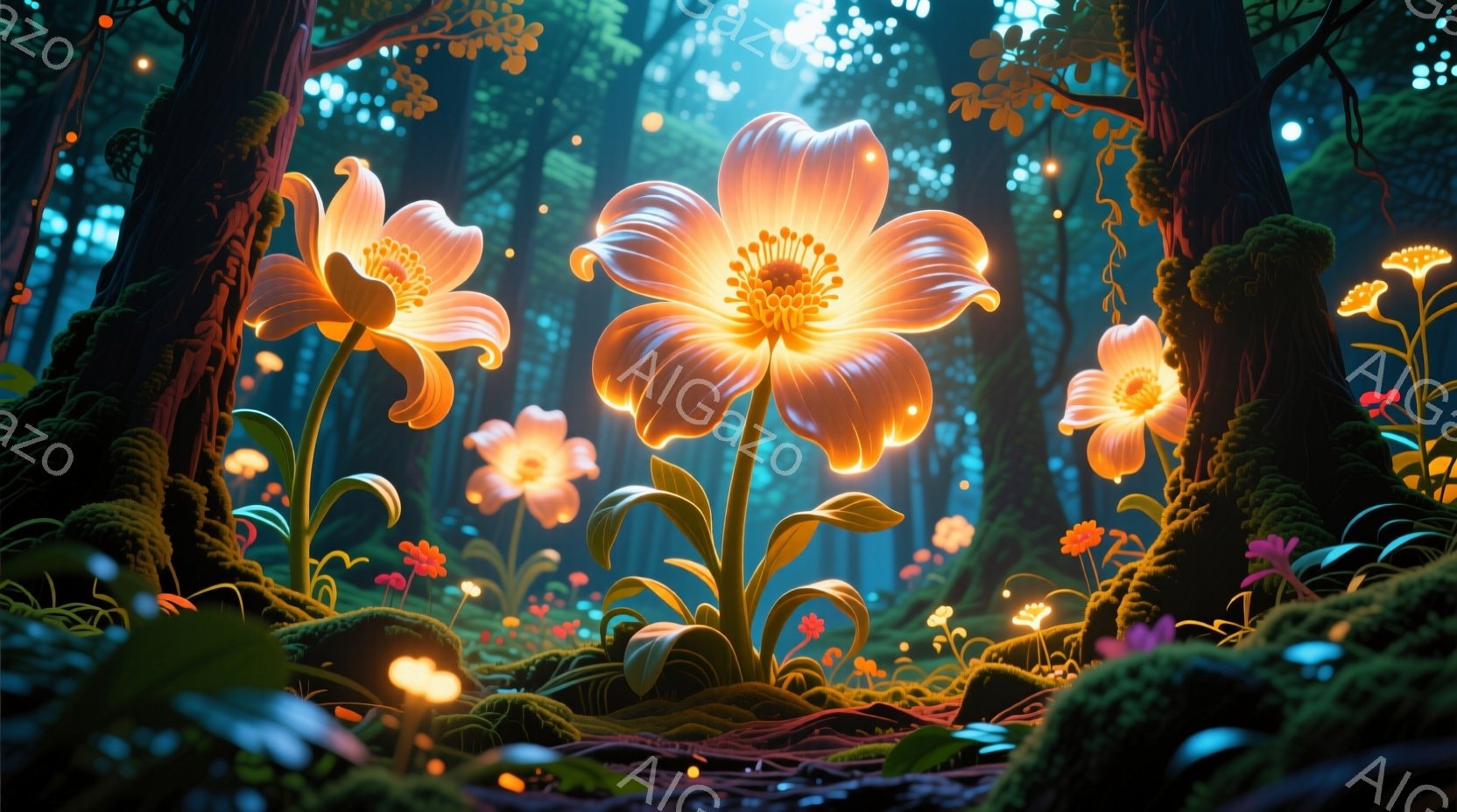 深い森の中で、発光する花々が幻想的な光を放っている。緑豊かな植物と苔むした木々が周囲を取り囲み、まるで魔法のような雰囲気を醸し出している。光る花々は、夜の闇の中で神秘的に輝き、神秘的で静寂な雰囲気を演 - AI生成フリー素材