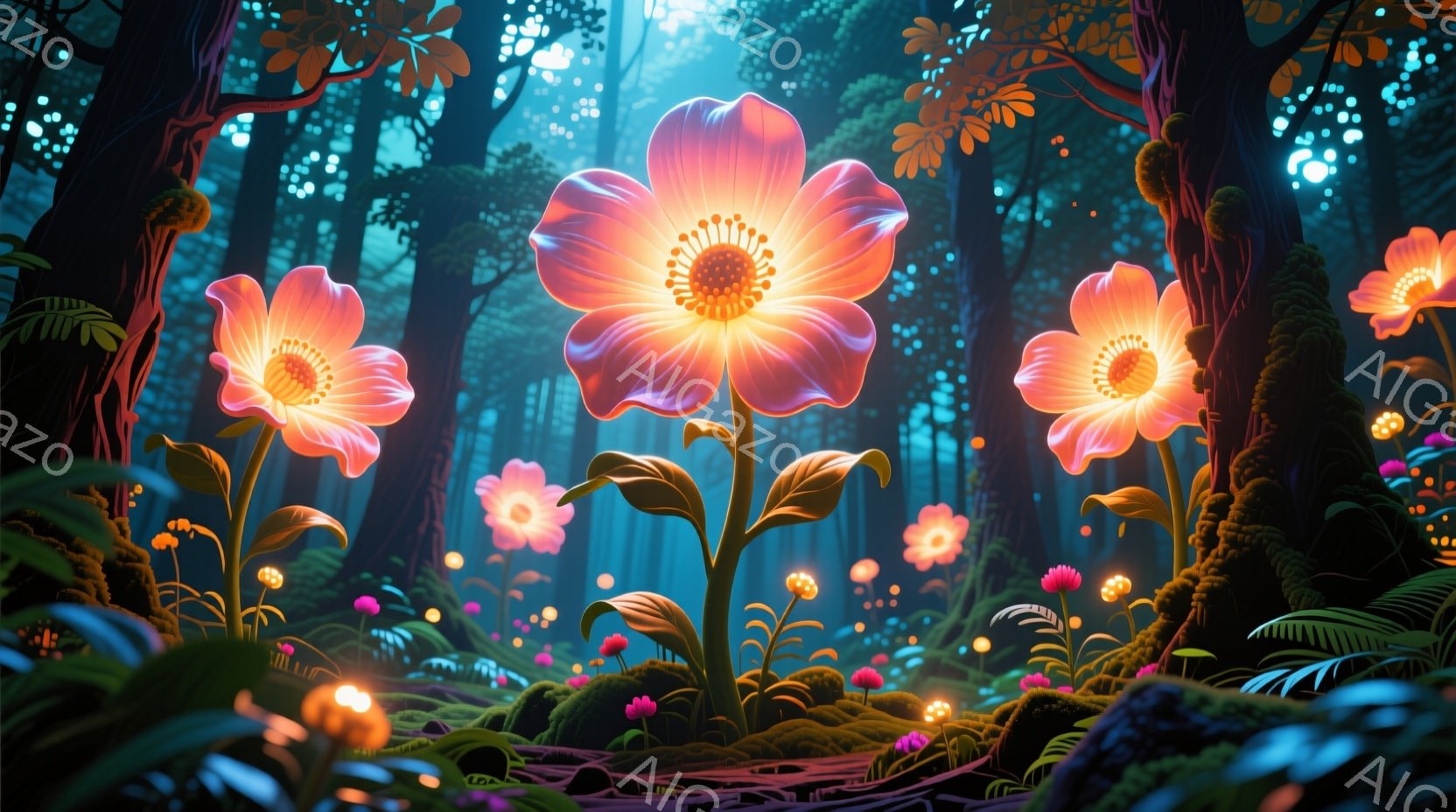 深い森の中に、光り輝く巨大な花々が咲き乱れている様子が描かれています。花びらは鮮やかなピンク色からオレンジ色へとグラデーションがかかり、中心部は金色に輝き、周囲の緑と美しいコントラストをなしています。背景には苔むした木々や植物が生い茂り、幻想的で神秘的な雰囲気を醸し出しています。