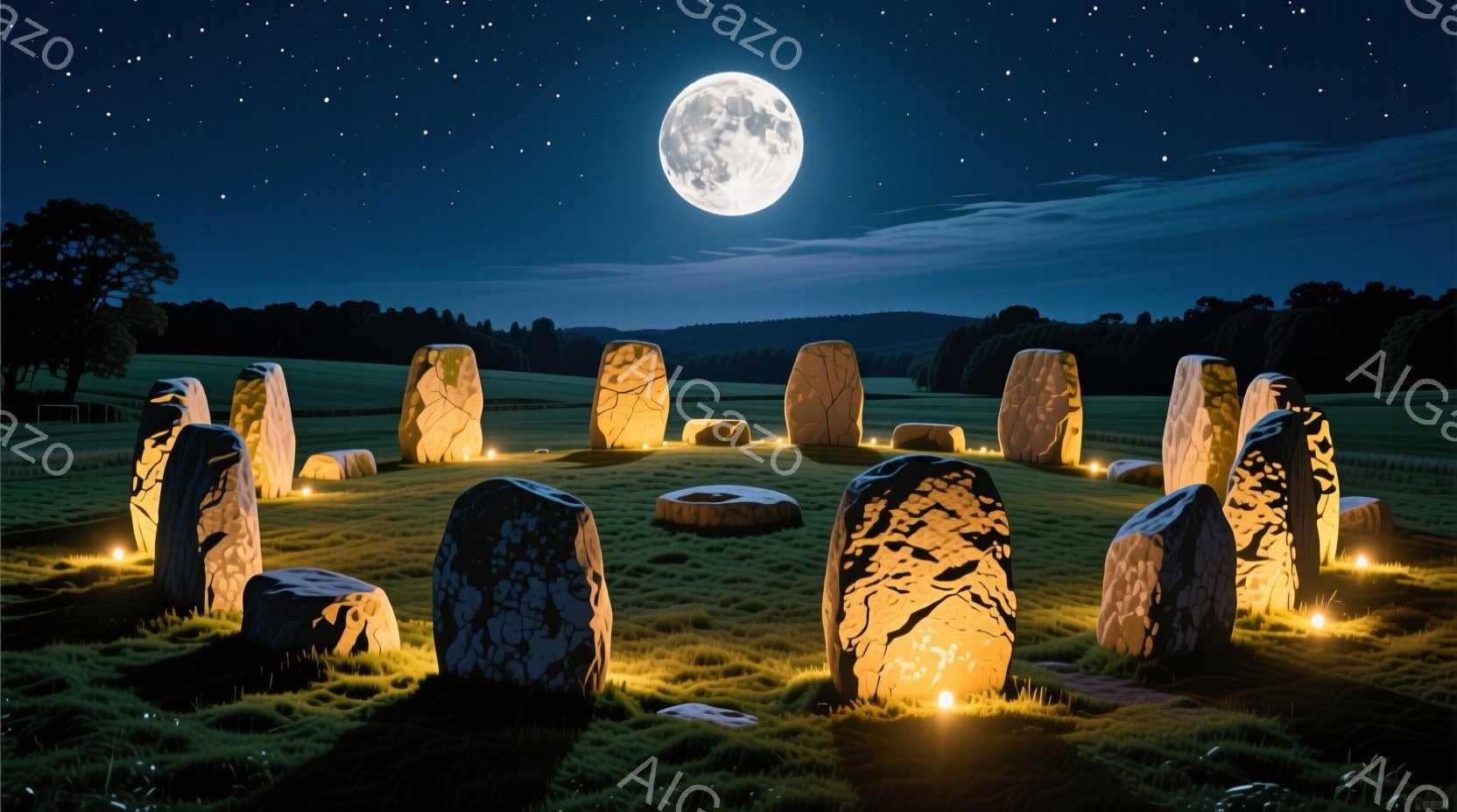 灰色の巨石が円形に並び、緑色の芝生の上に浮かび上がっている夜の風景です。各巨石の根元には暖色の光が灯り、神秘的な雰囲気を醸し出しています。背景には暗い森と、満月が輝く星空が広がっており、静かで幻想的な情景を作り出しています。