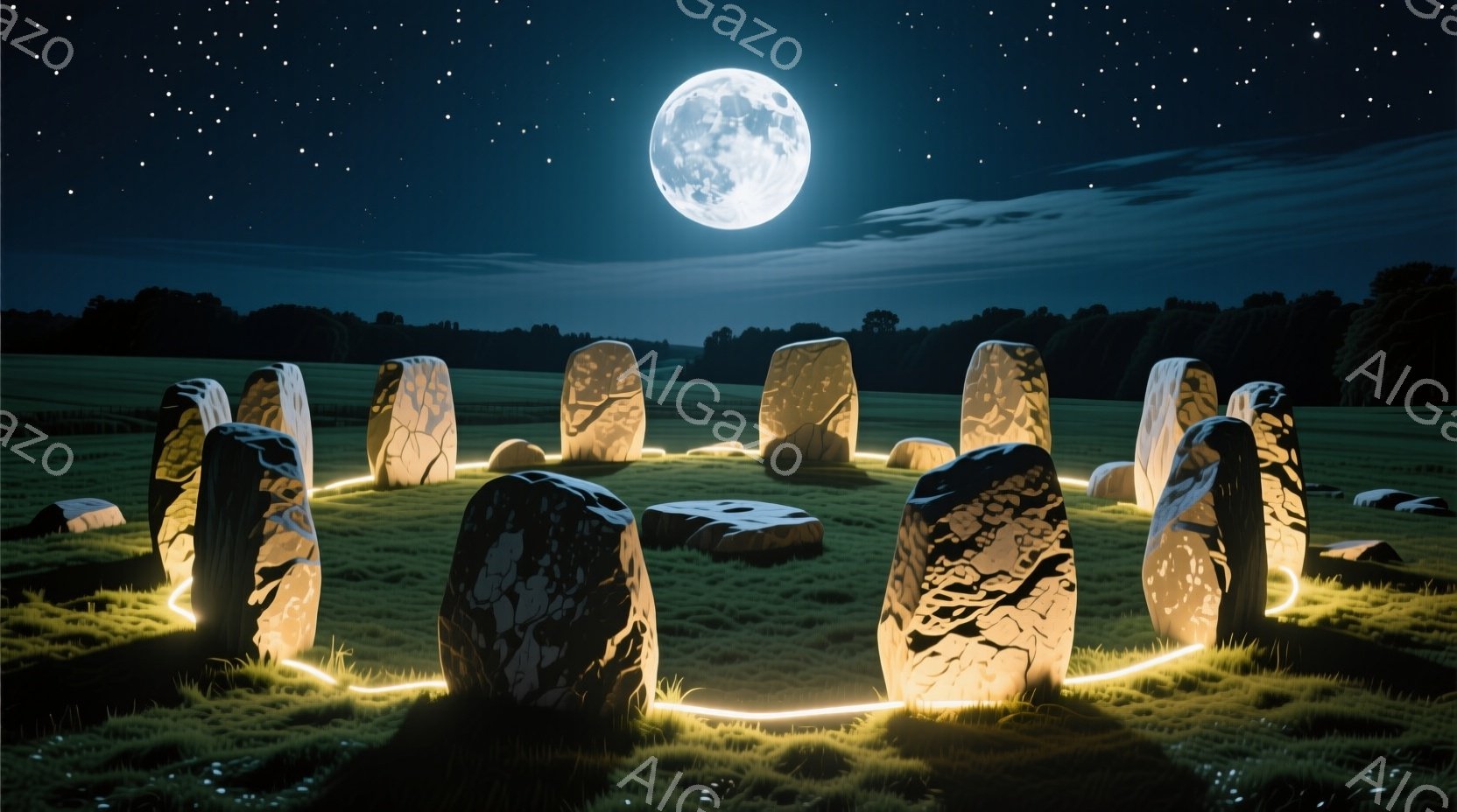 広大な緑の草原に、円形に並んだ石柱がそびえ立っている。満月が空高く輝き、石柱を神秘的な光で照らし出している。草原は深い緑色で、夜空には星々が散りばめられ、静寂で神聖な雰囲気を醸し出している。