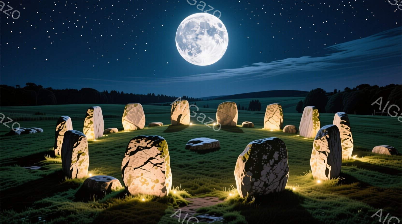 荒野に立つ石柱群が、満月の下で神秘的な光を放っている。緑の草の上に置かれた石柱は、月明かりと下から照らす光によって、まるで生きているかのように見える。背景には暗い森林が広がり、静寂と荘厳な雰囲気を醸し出している。