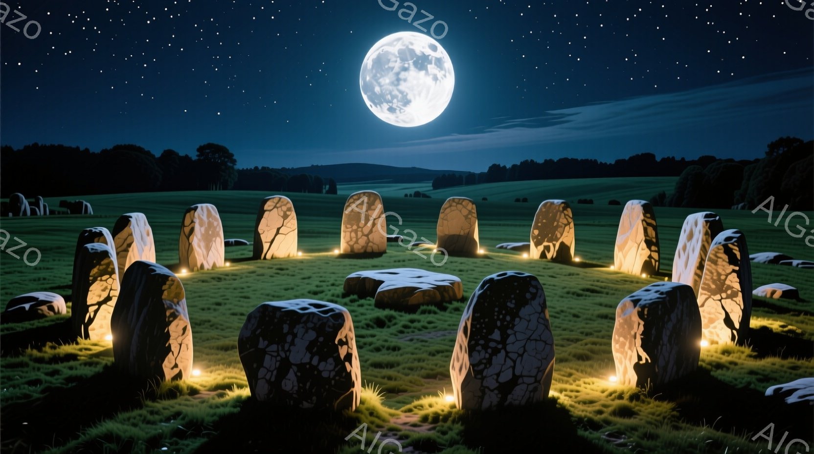 広い緑の草原に、円形に配置された石柱が並んでいる。満月が空高く輝き、石柱の周囲をぼんやりとした光で照らしている。夜空には星が散りばめられ、神秘的で静寂な雰囲気が漂っている。