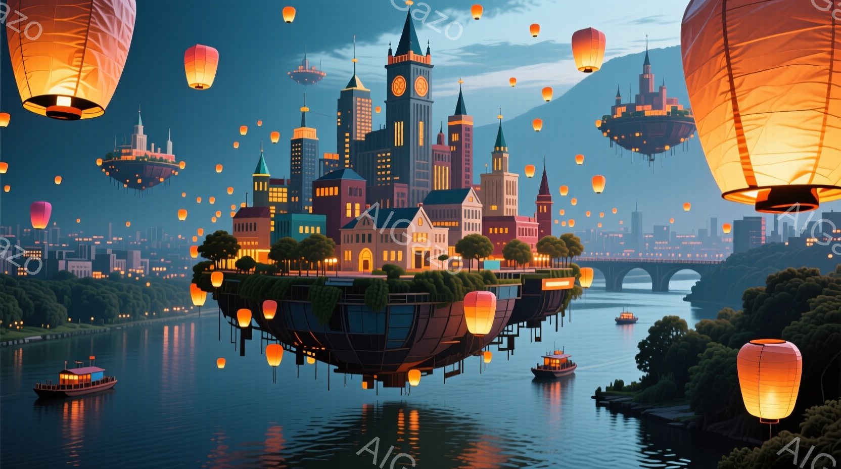鮮やかな夕焼けを背景に、島全体が巨大な船の形をした幻想的な都市が浮かんでいる。建物はカラフルで多様なスタイルが混在し、緑豊かな植物で覆われた船体と組み合わさって、独特の雰囲気を醸し出している。空には無数の灯籠が漂い、水面にはその光が反射し、神秘的で穏やかな空気を演出している。