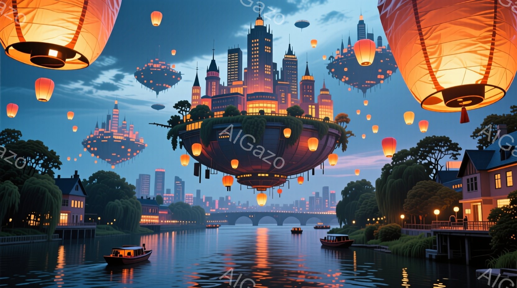 鮮やかな夕焼け空の下、水路に沿って建ち並ぶ建物と、空中に浮かぶ幻想的な都市が描かれています。 浮かぶ都市は緑豊かな丘の上に建てられ、灯りが灯り、まるで空飛ぶランタンのようです。 水路には小舟が浮かび、穏やかな雰囲気の中で静かに進んでいます。